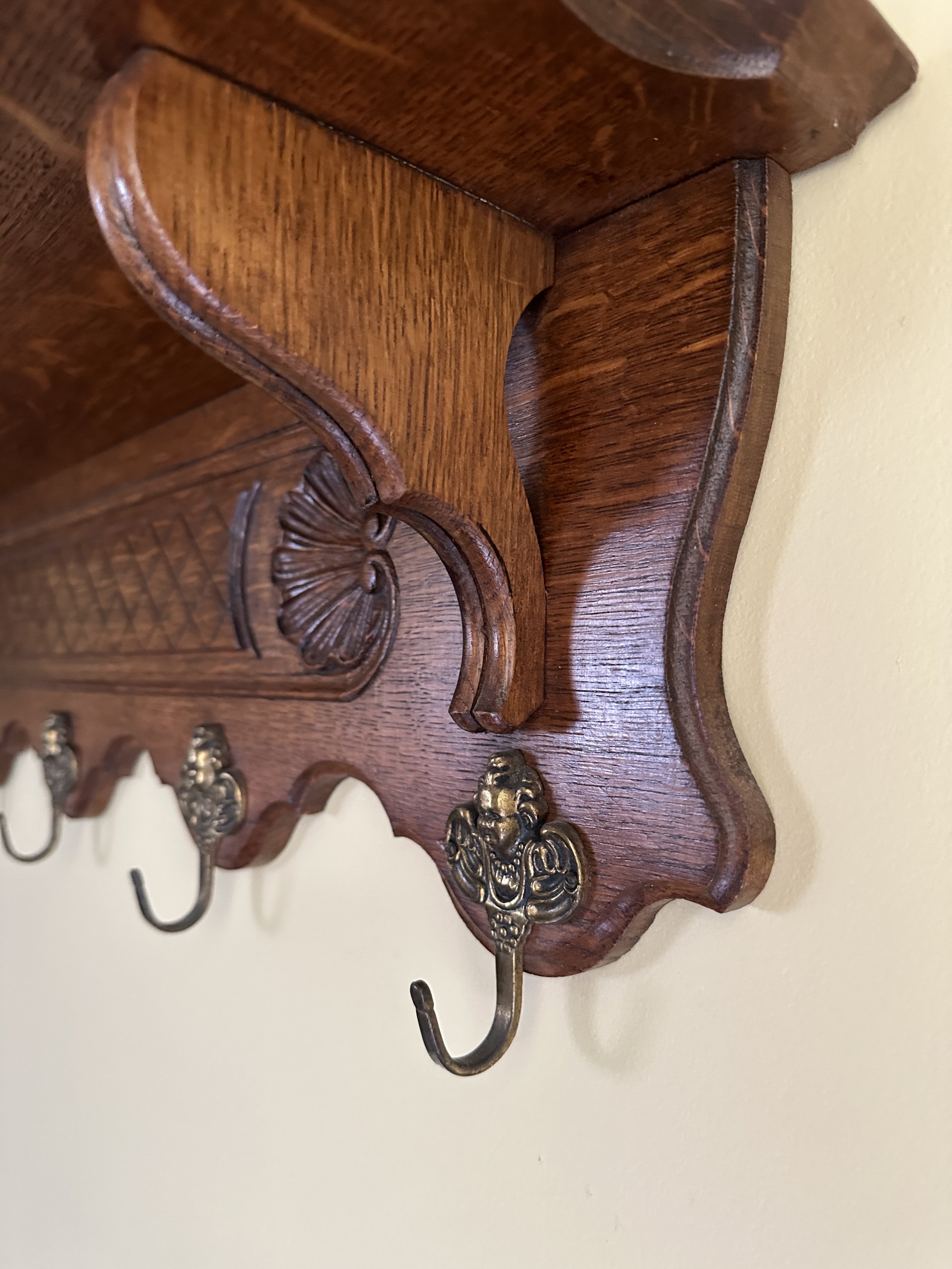Wood Shelf with Brass Cherub Hooks