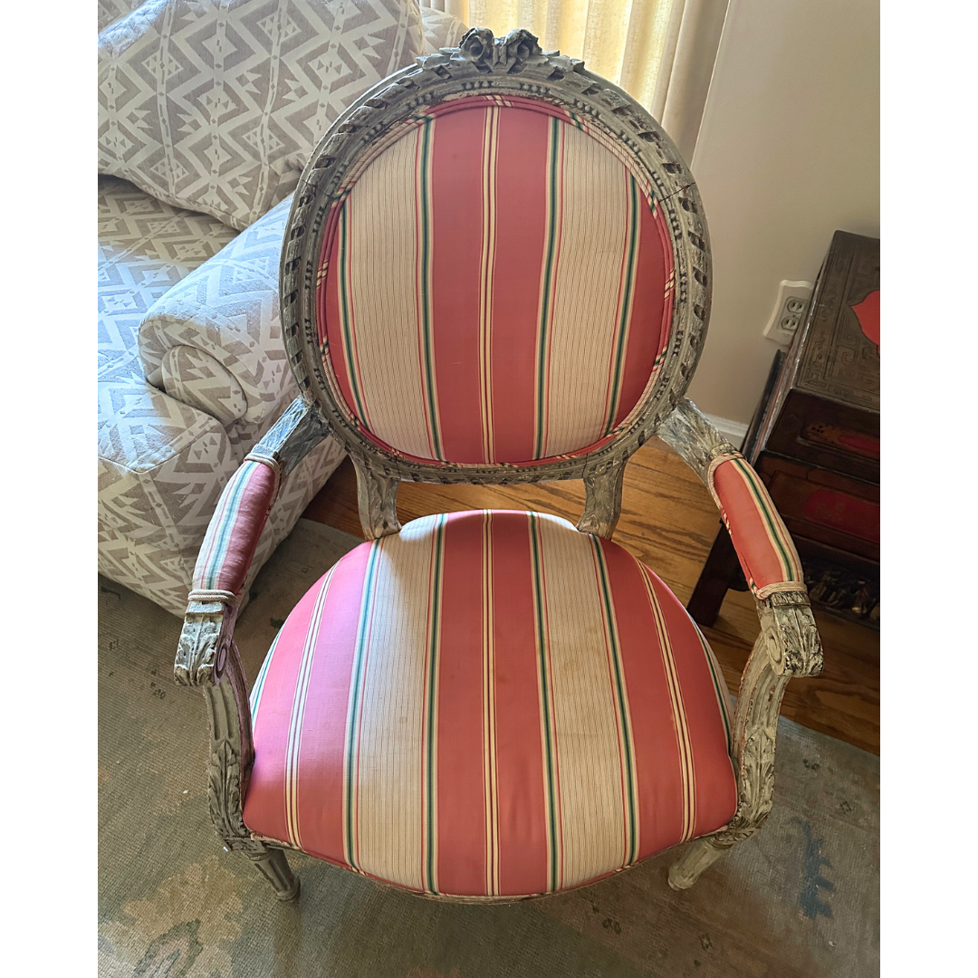 Louis XVI Style Medallion Armchair with Coral Striped Upholstery