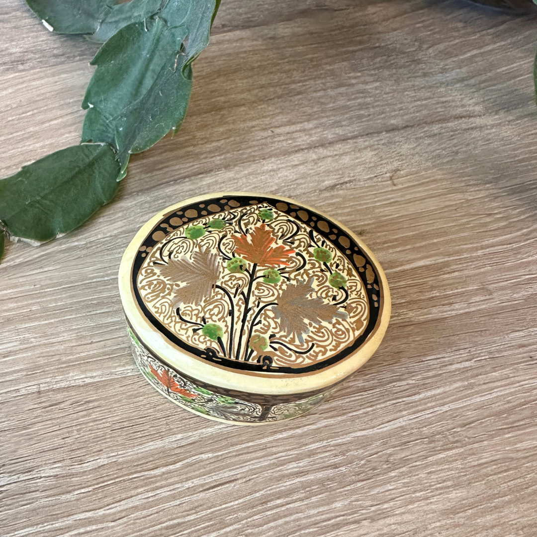 Oval Paper Mache with Leaf Painting Trinket Box