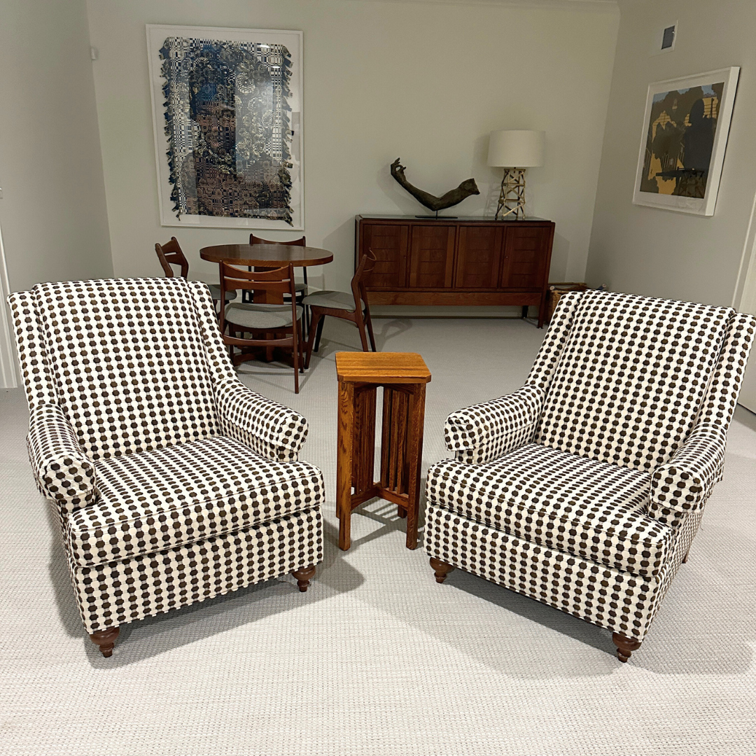 Pair of CR Laine Armchairs with Brown Basket Weave Fabric