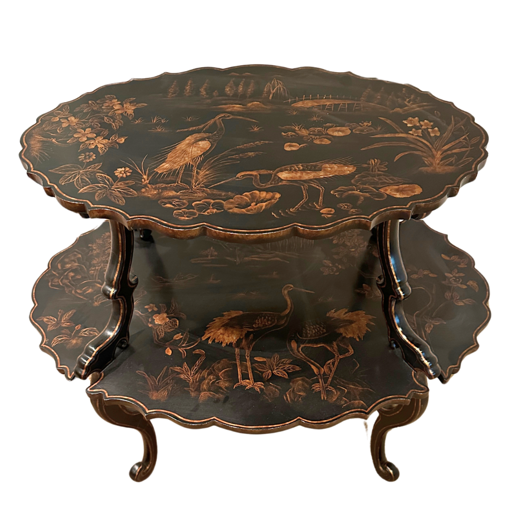 Black Two Tier Maitland Smith Chinoiseries Style Side Table