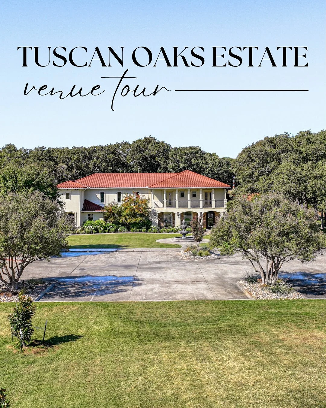 Nestled just 30 minutes from Dallas/Fort Worth, Tuscan Oaks Estate is a Mediterranean-style wedding venue surrounded by 13 acres of oak trees, romantic gardens, and timeless architecture. From its elegant 10-bedroom villa and peaceful pond to its spa