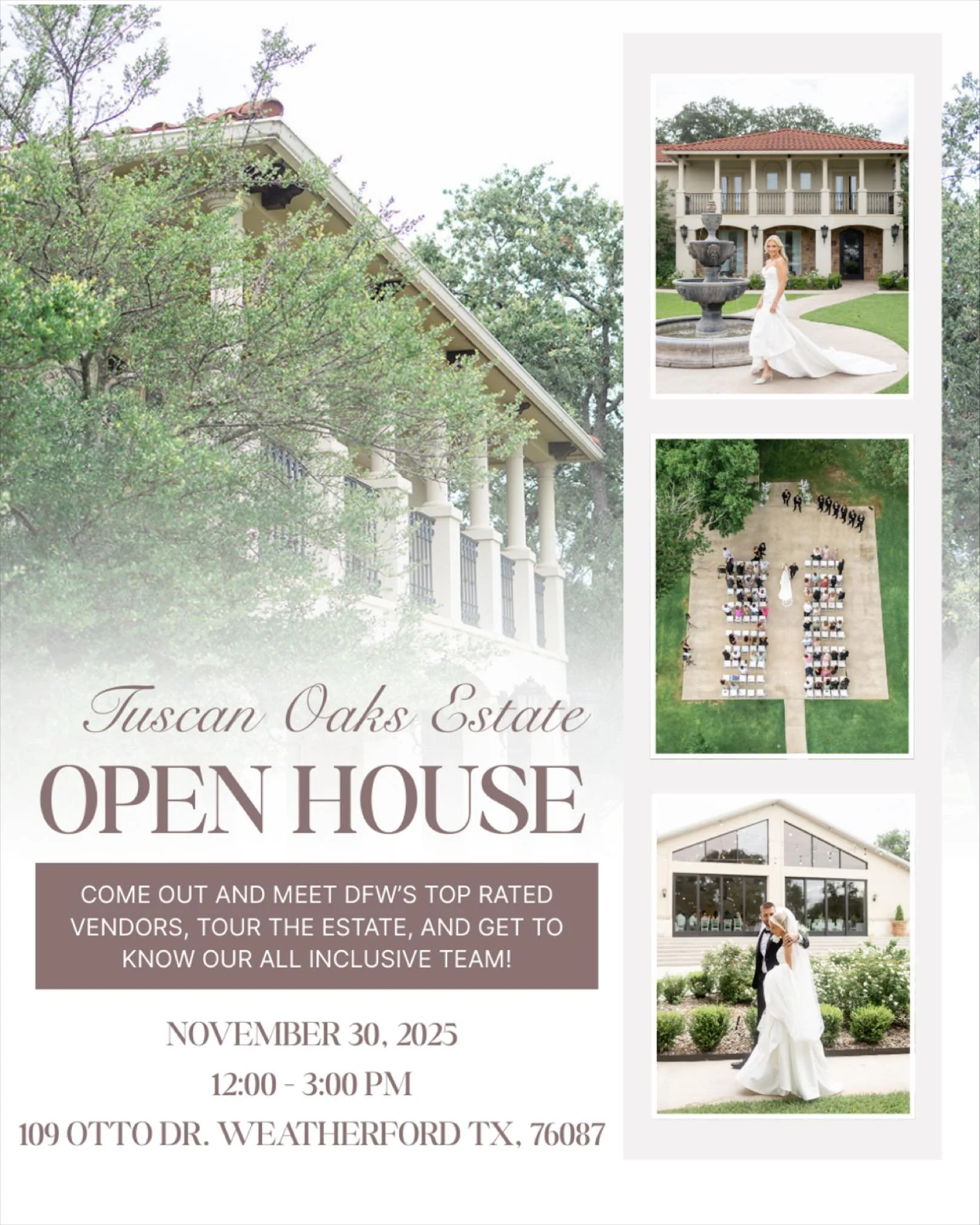 🍂 Tuscan Oaks Estate Fall Open House | November 30 | Weatherford, TX

Step into the timeless beauty of Tuscan Oaks Estate, one of DFW&rsquo;s most luxurious wedding venues nestled just minutes from Fort Worth. Join us for our Fall Open House and exp