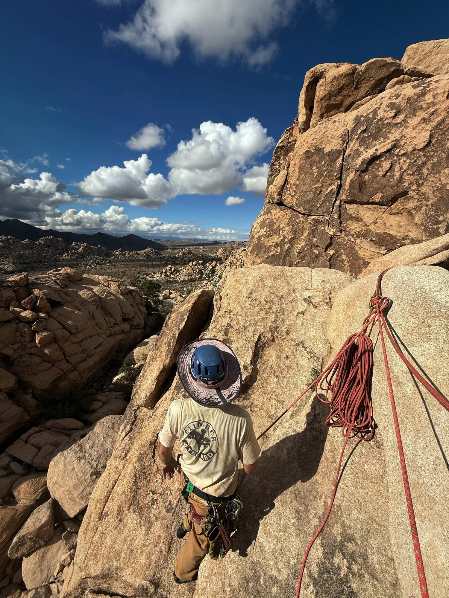 A climber looking out over the Joshua Tree landscape from an exposed multi-pitch stance