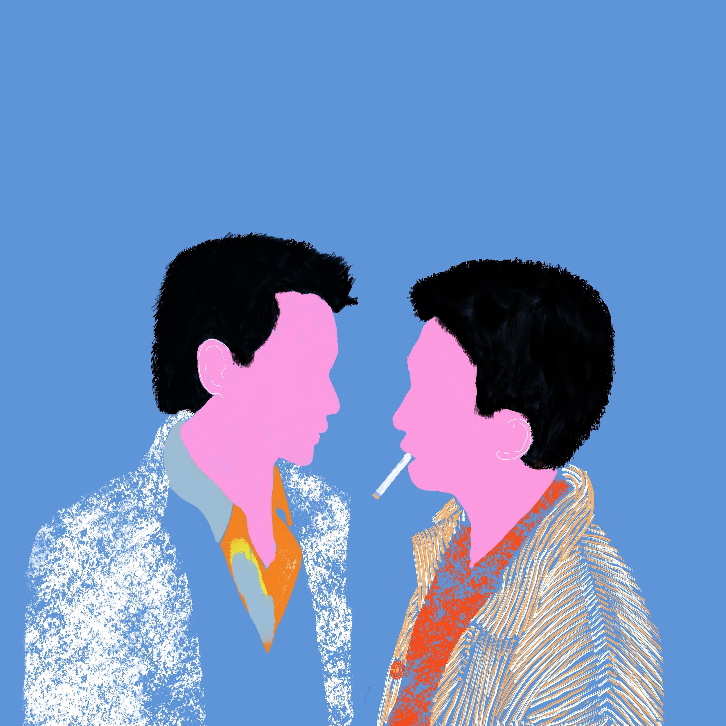  It is a series of illustrations inspired by the film "happy together" directed by Wong Kar Wai where ephemerality of contemporary relationships and their dynamics is explored through color, shape and textures.
