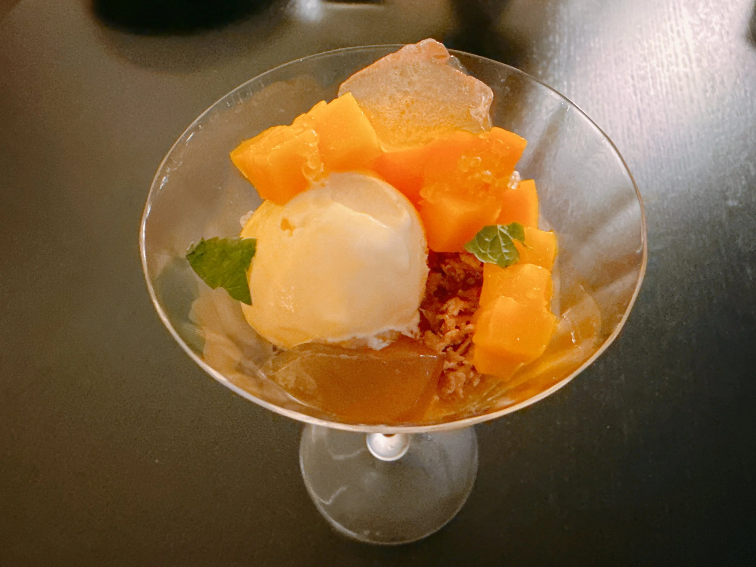 Mango, milk ice cream, chia seeds