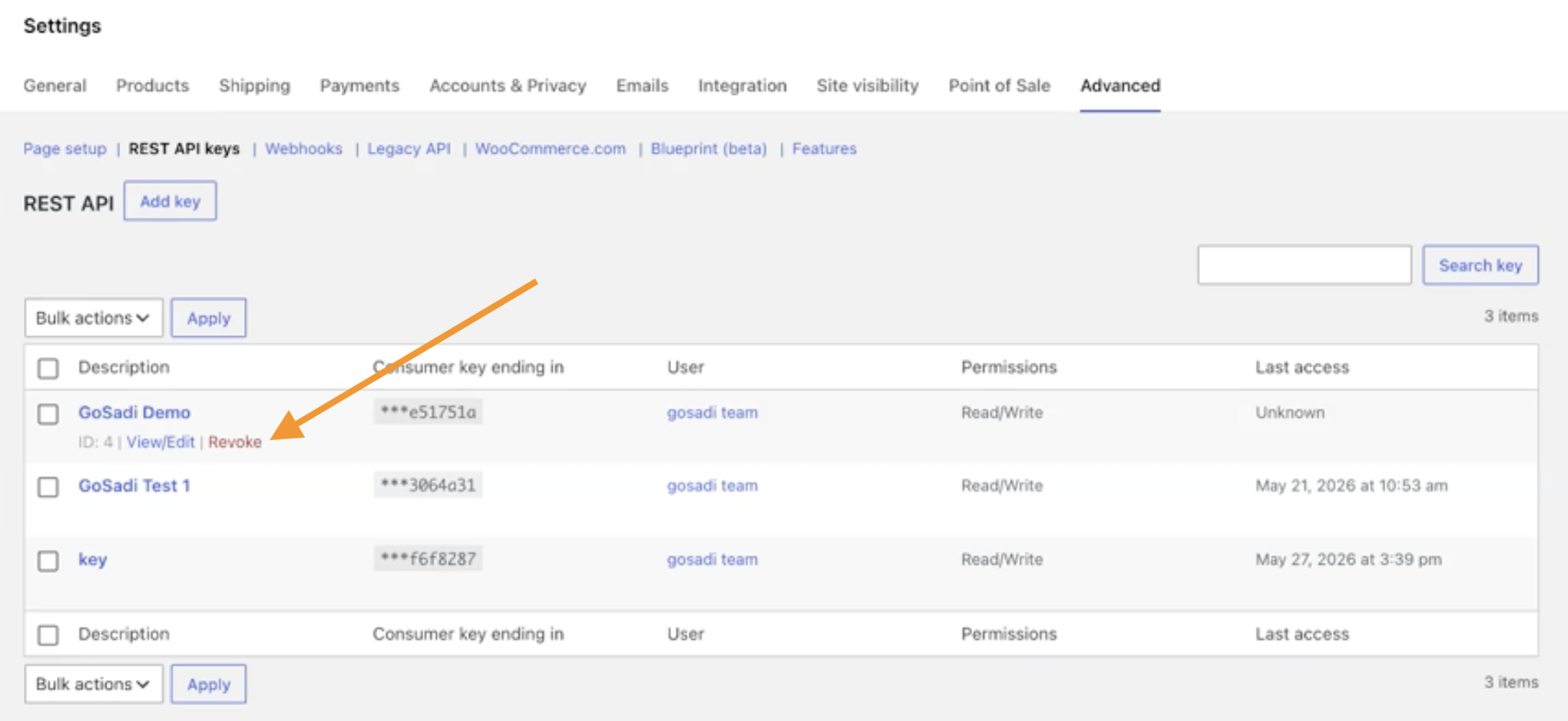 Where you can manage API Keys in WooCommerce to update, revoke, or view them