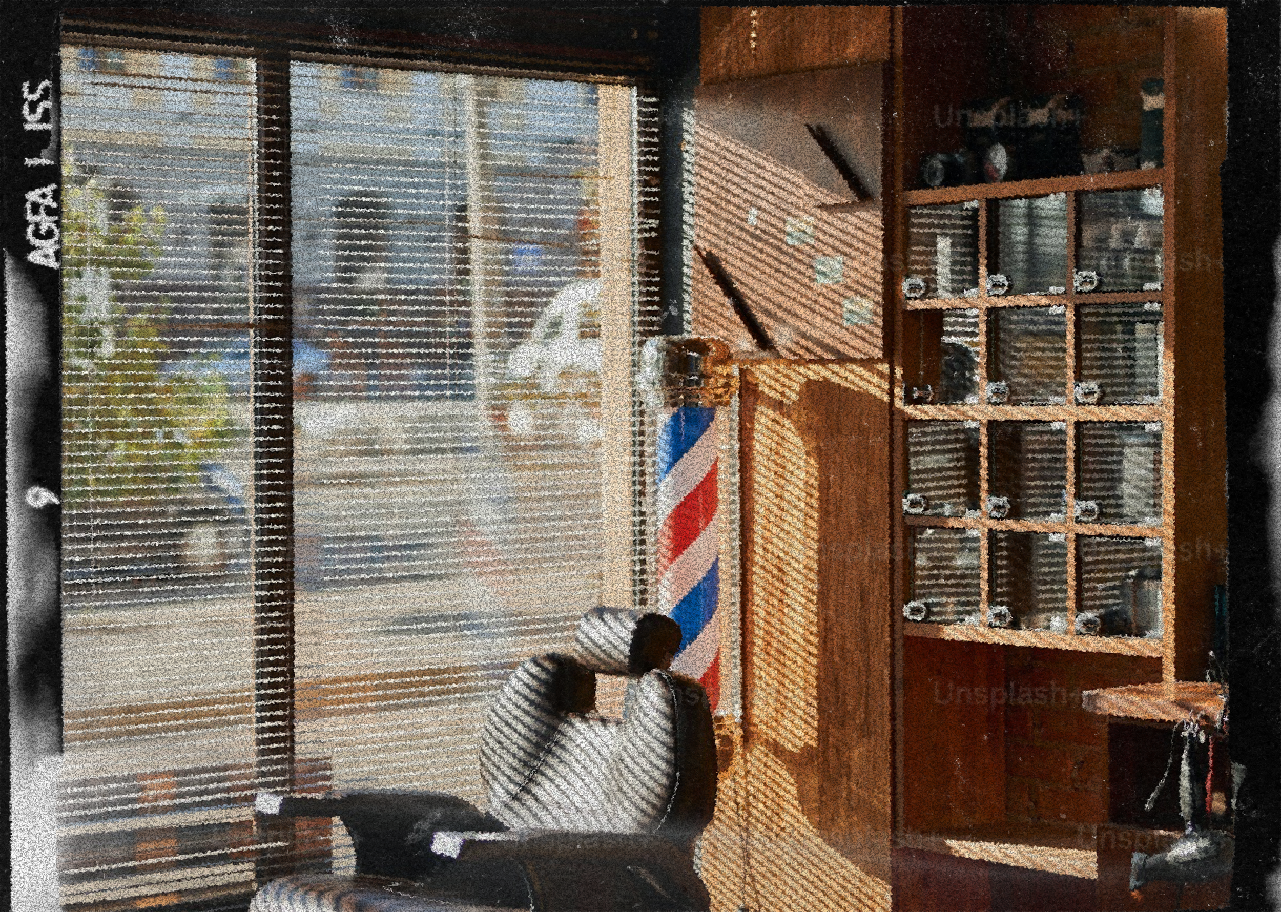 View of a barber shop inside, featuring a barber working on a customer. The shop has a traditional barber pole, wooden furniture, and glass display cases with grooming products. Large window with blinds letting in natural light.