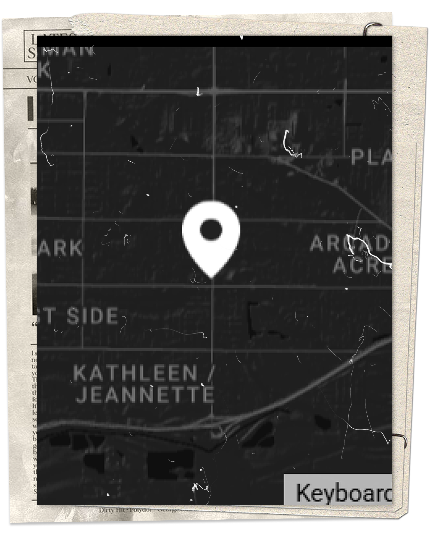 Black and white map with a location pin in the center, showing city neighborhood names such as Keystone, Kathryn, Jeanne, and Arden Acres, with visible street lines and a section labeled 'Keyboard'.