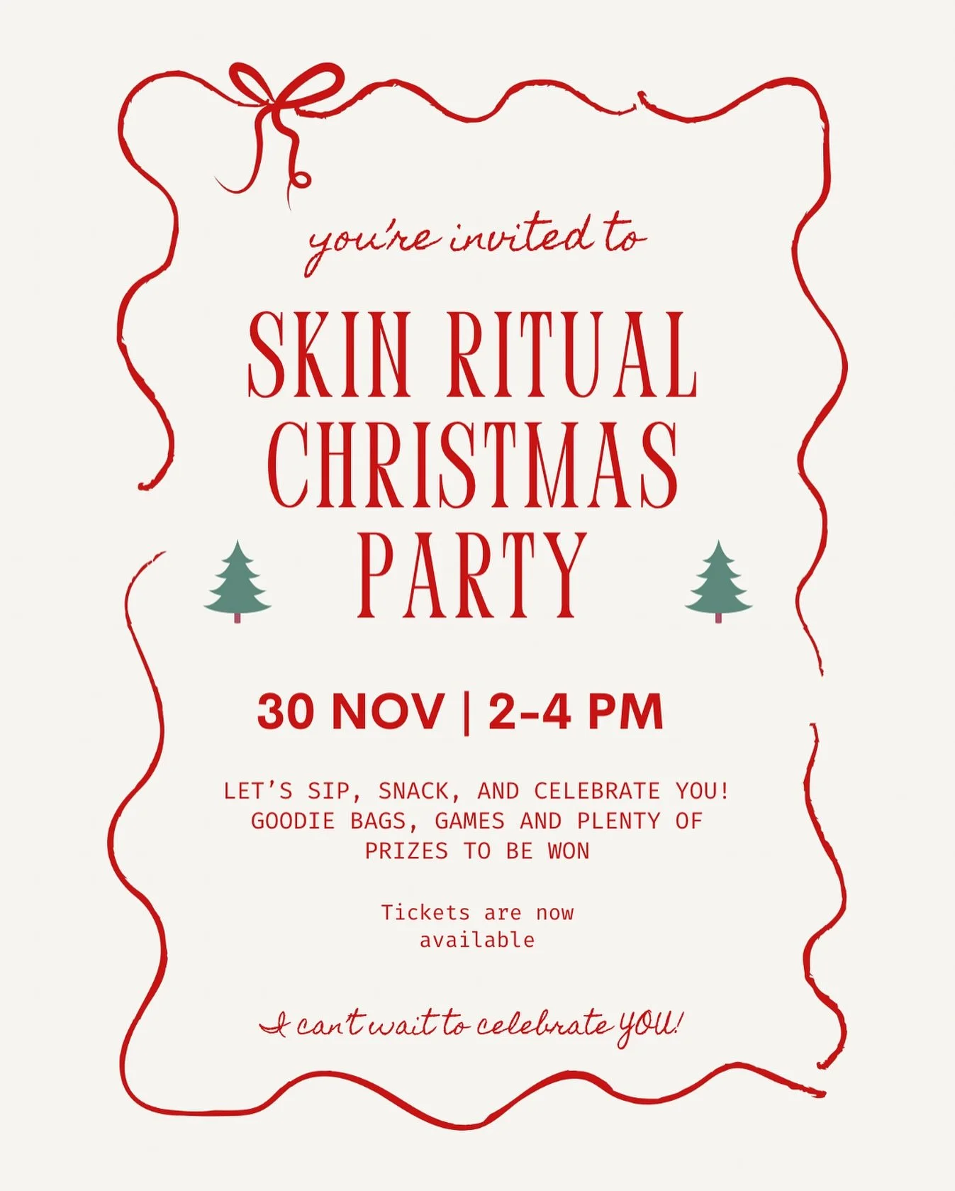 It&rsquo;s time to celebrate another beautiful year at Skin Ritual Studio! ✨
 Join us on Sunday 30th November, 2&ndash;4pm for an afternoon filled with festive cheer, glowing skin, and good company.

Enjoy bubbles on arrival, delicious nibbles, and t