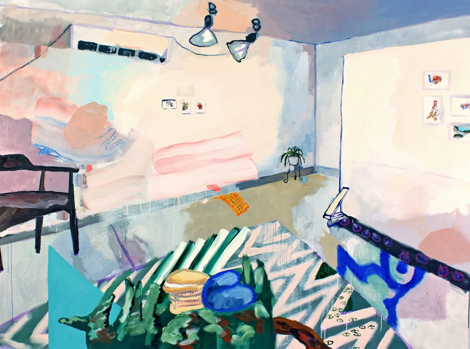 Semi-abstract indoor studio scene with acrylic and oil on canvas