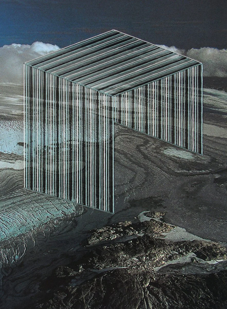 Embroidered collage of landscape scene with an arch of embroidery on found paper ephemera