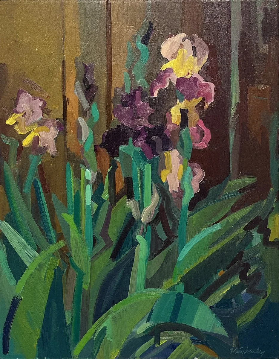 Painting of iris flowers with oil on paper on panel