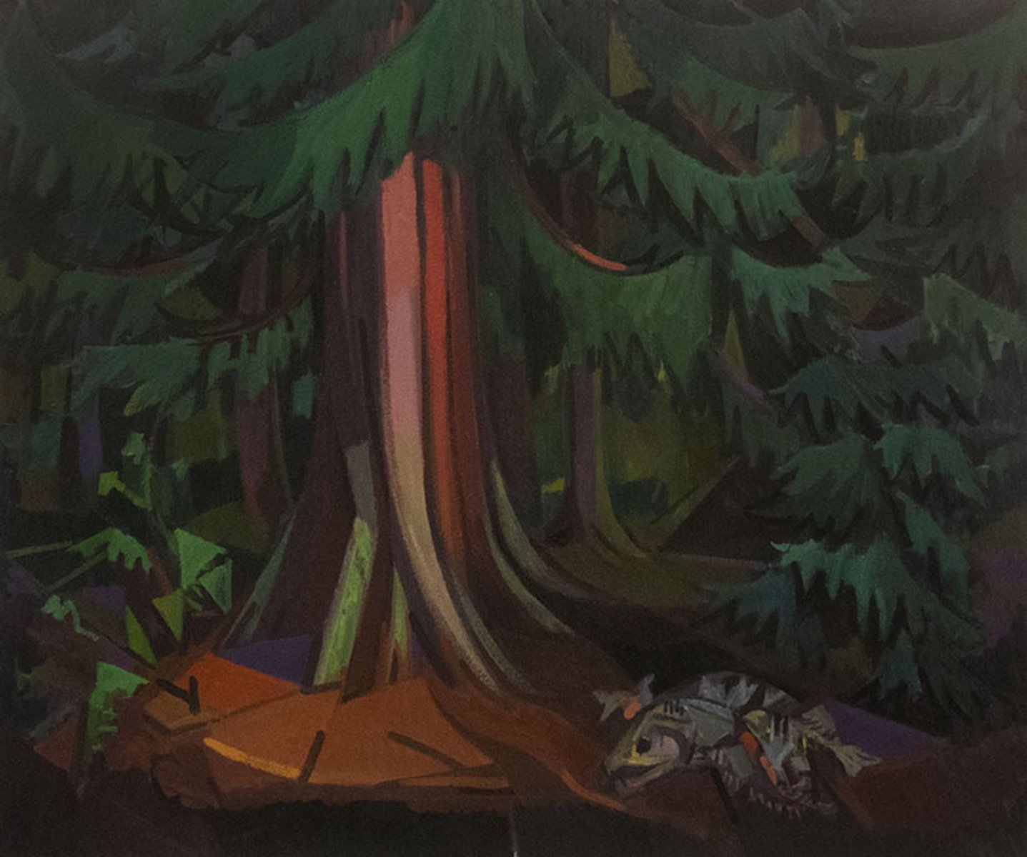 Painting of a large tree with salmon bones beneath it with oil on canvas