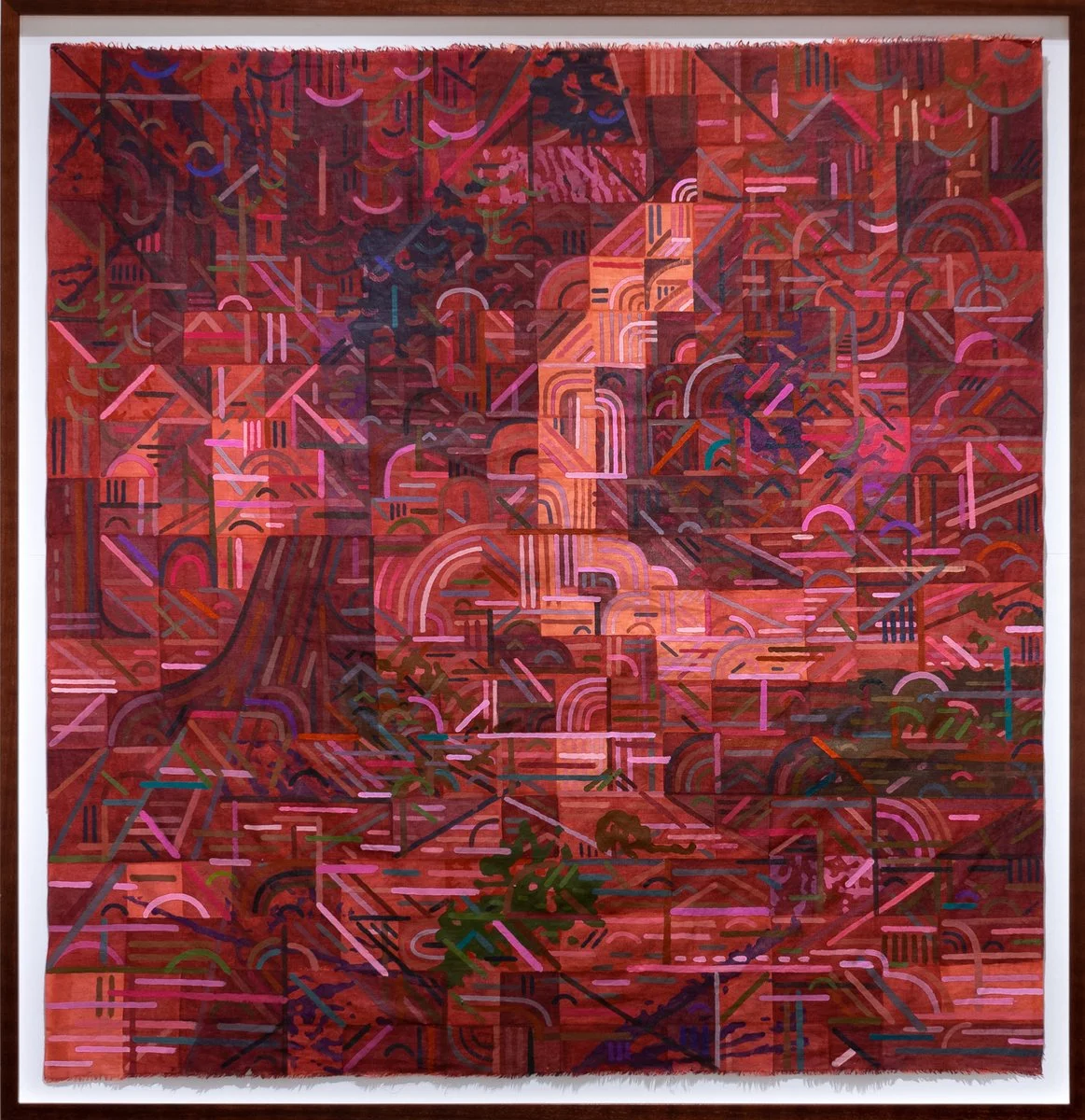 Abstract piece with shades of red with fabric dye and acrylic on canvas
