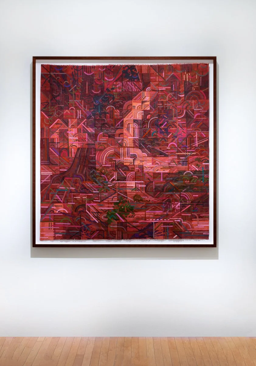 Abstract piece with shades of red with fabric dye and acrylic on canvas, float framed in walnut molding