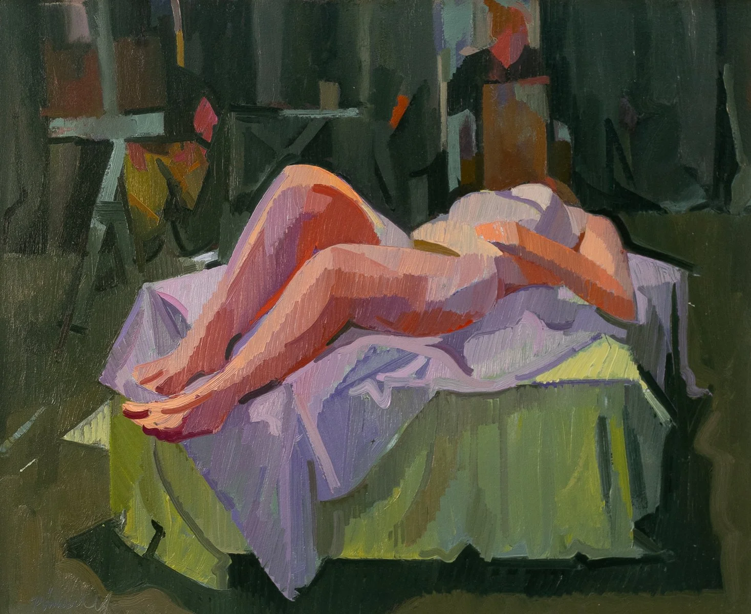 Figure painting of a woman reclined on a table in oil on paper on panel