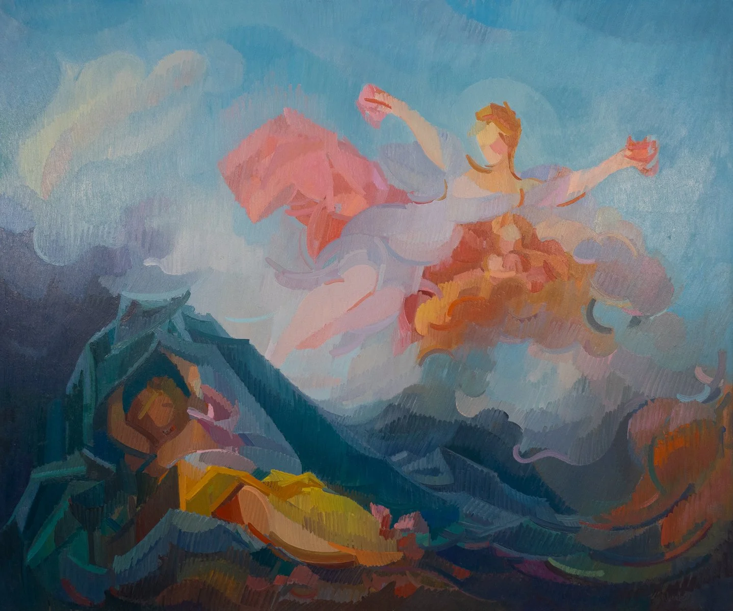 Recreation of the painting "Day Over Night" after Fragonard, with oil on paper on panel