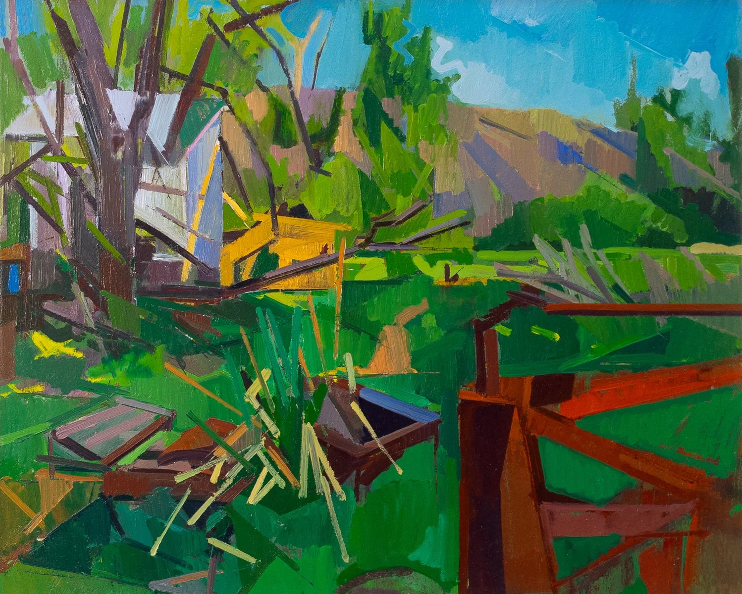Landscape painting with bright green hues with oil on paper on panel