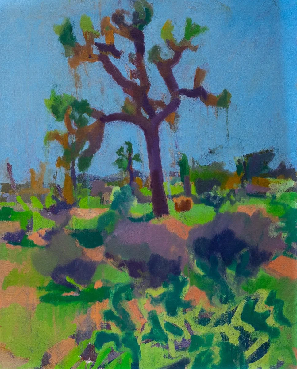 Colorful painting of a Joshua tree with oil on paper on panel