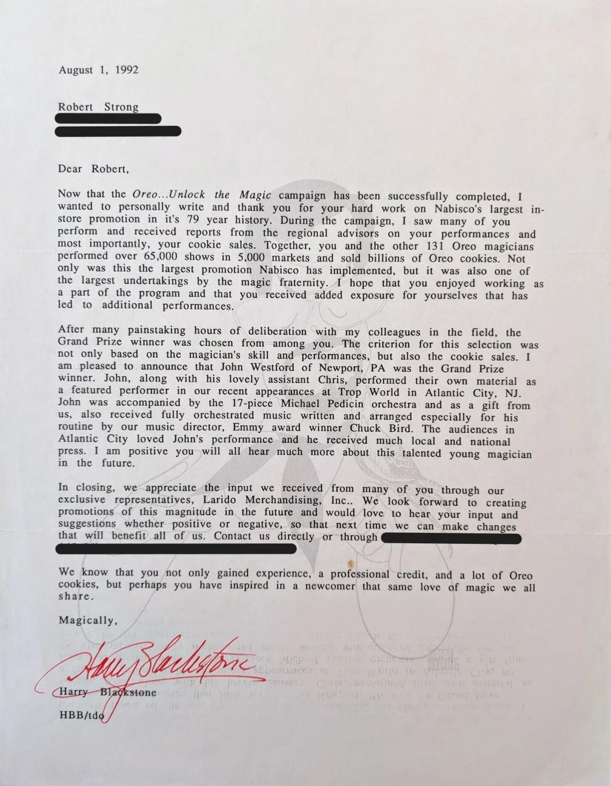 San Francisco magician Robert Strong's letter from Harry Blackstone Jr.