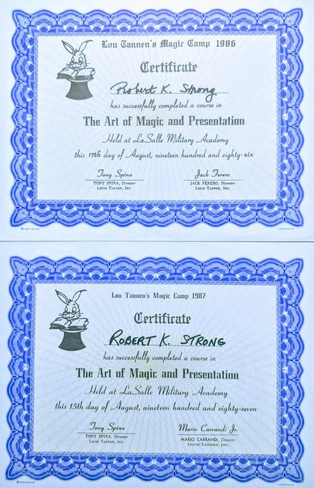 San Francisco magician Robert Strong's certificates from magic camp as a kid.