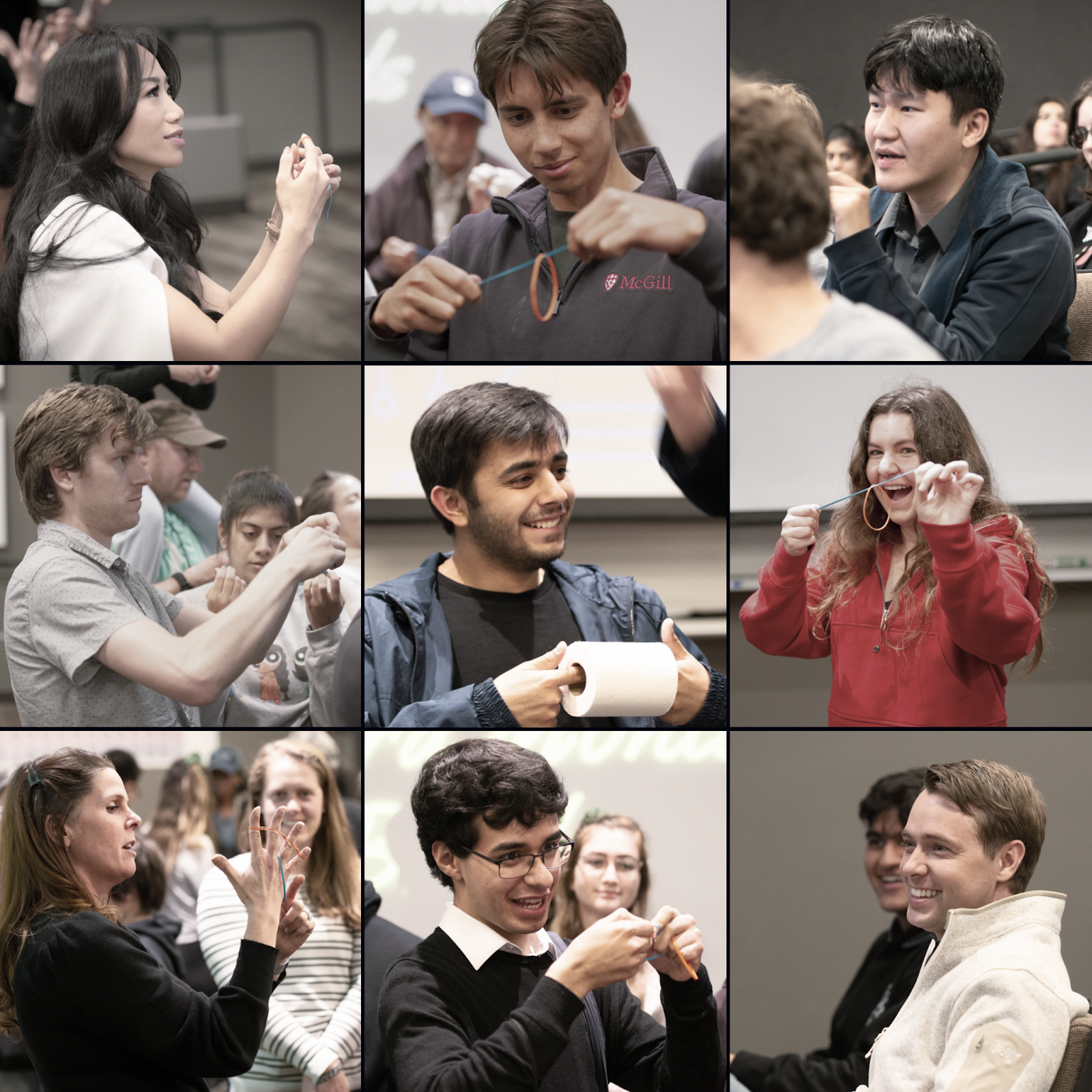 A 9-panel of Stanford students performing magic tricks nearby San Francisco.