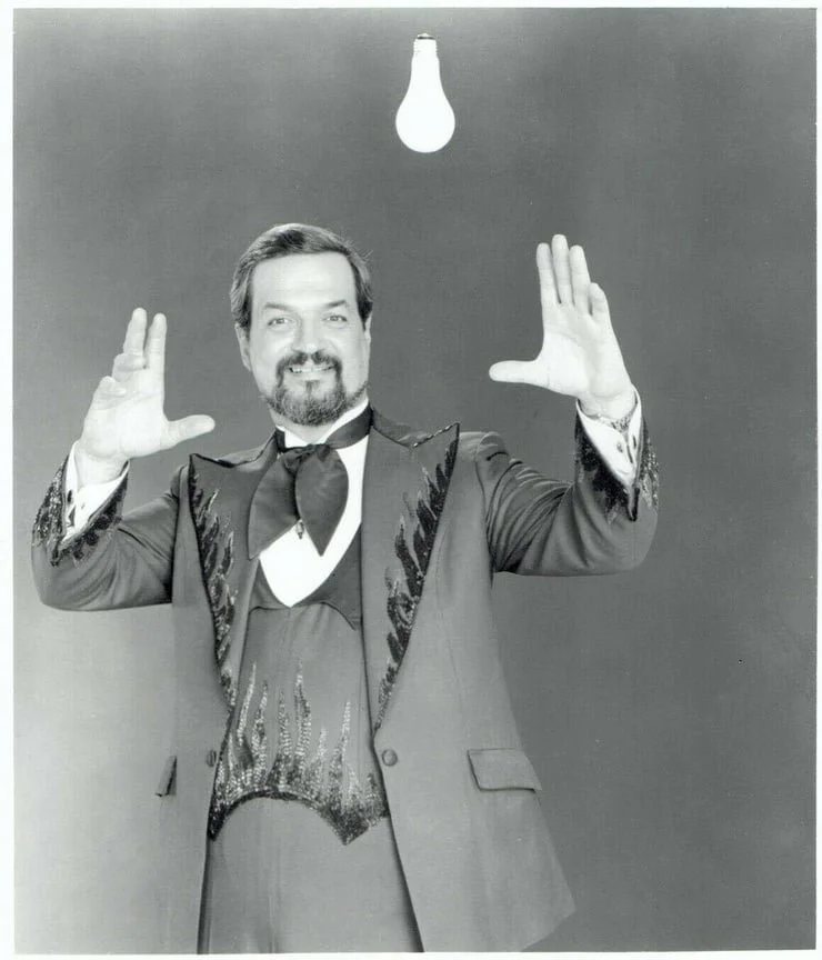 Black and white photo of Harry Blackstone Jr. performing in San Francisco