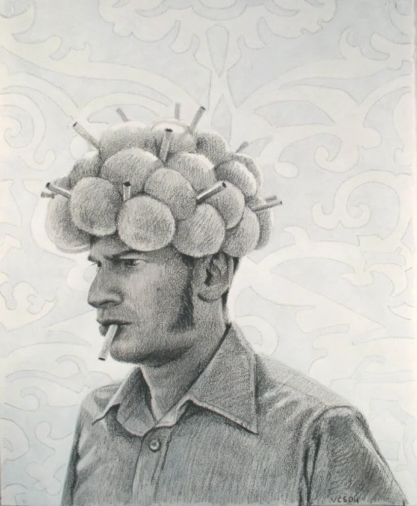 Untitled Drawing (black and white puffball), conté crayon and casein on paper, 23" x 19"