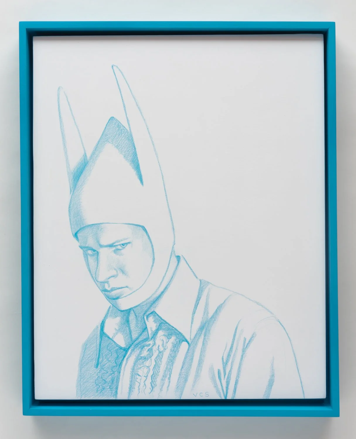 Blue Fool, 2016, pencil and casein tempera on panel with frame, 20" x 16"