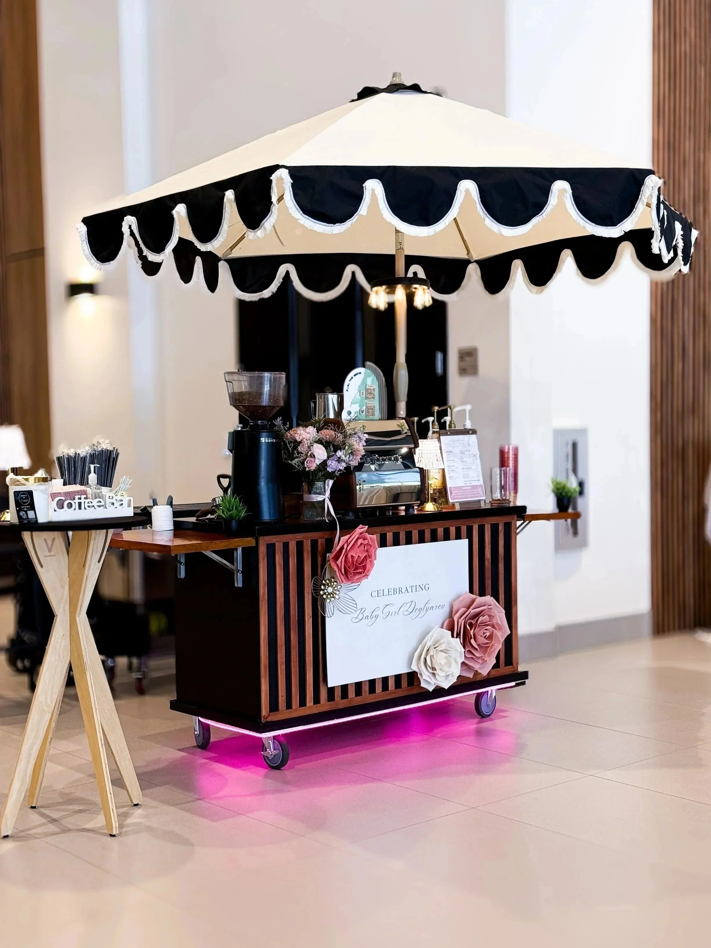 Custom coffee cart catering in Jacksonville. Branded coffee cart for corporate events, parties, baby showers.  Full service coffee catering with experienced barista.