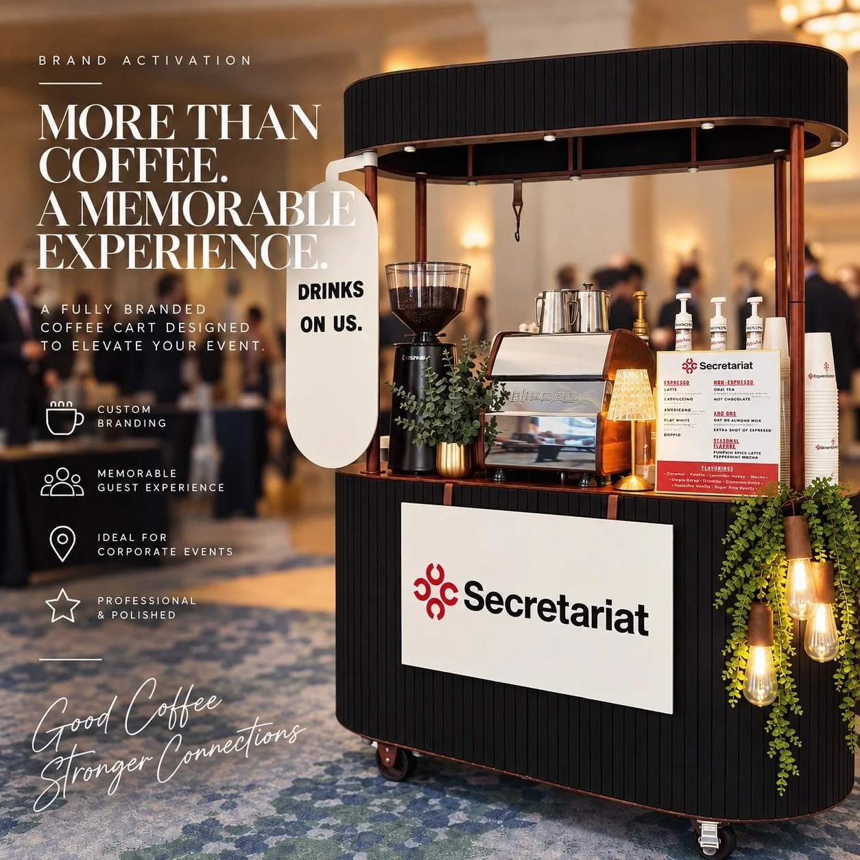 Turn your coffee experience 
into a brand activation. ☕✨

With Vital Brew, your brand can be incorporated throughout the entire experience&mdash;from a fully branded coffee cart and custom menus to branded cups and personalized details that put your 