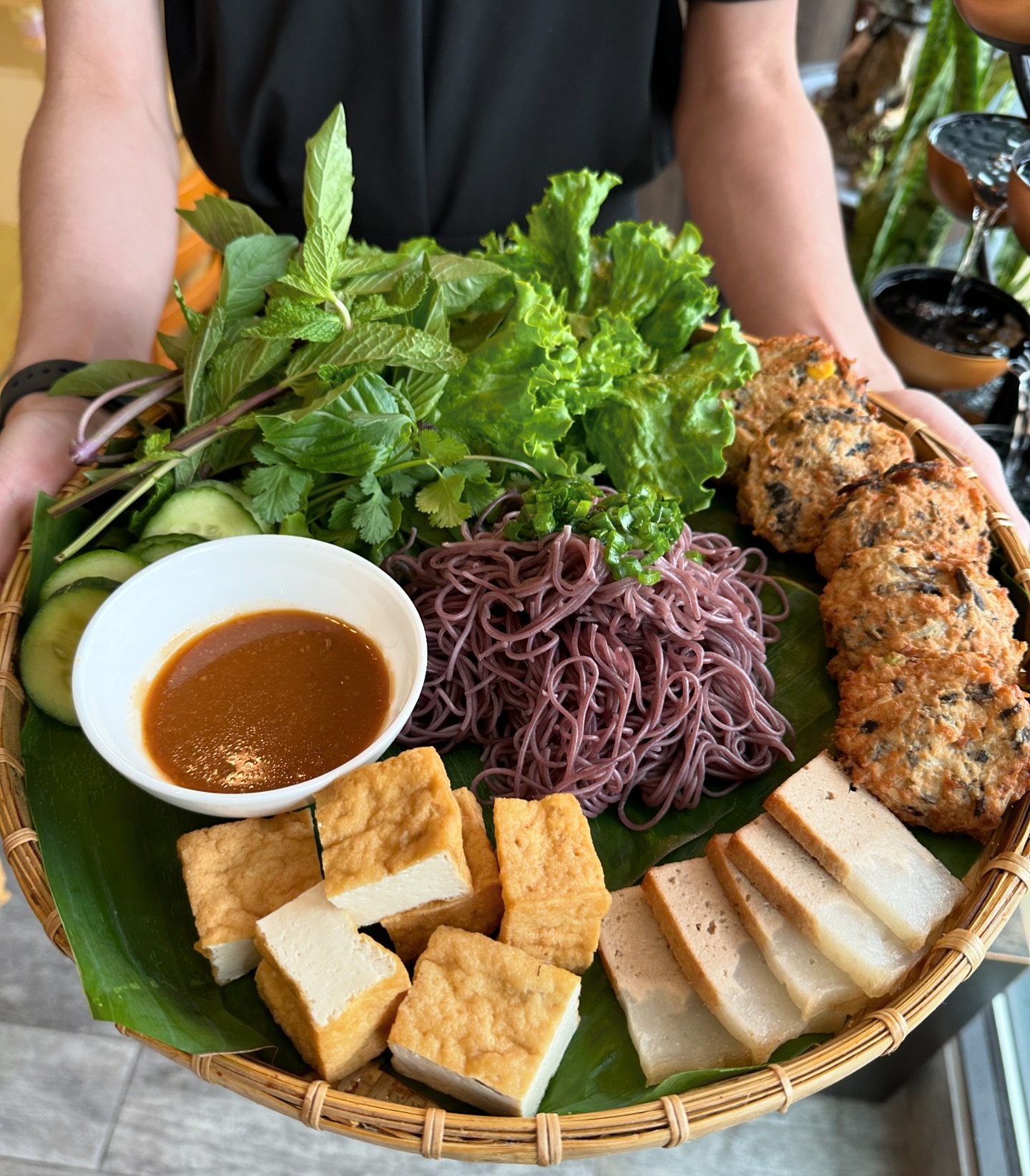 Our chefs specialty platters are the perfect spring dish! Chay&rsquo;s Vegetarian Vermicelli Platter features a trio of fried vegan patty, fried tofu &amp; vegetarian ham surrounding a bed of brown rice vermicelli. An assortment of fresh herbs, lettu