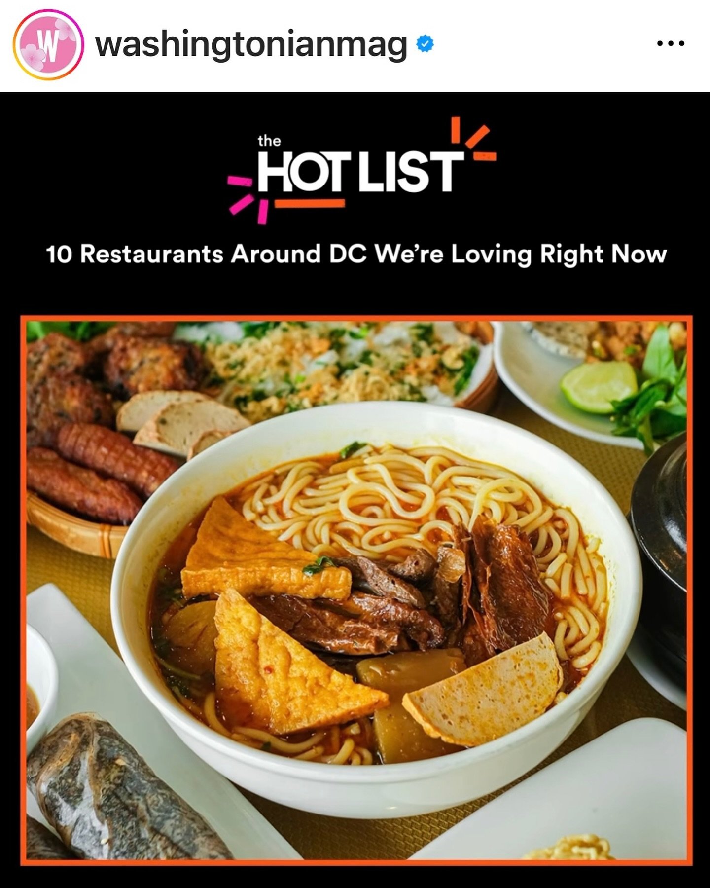 It&rsquo;s our second month on the @washingtonianmag Hot List!! Thank you so much!! And yes that&rsquo;s Chay&rsquo;s best selling (N2) B&Uacute;N B&Ograve; HUẾ | Spicy Huế Noodle Soup! Photo by @foodooboos
