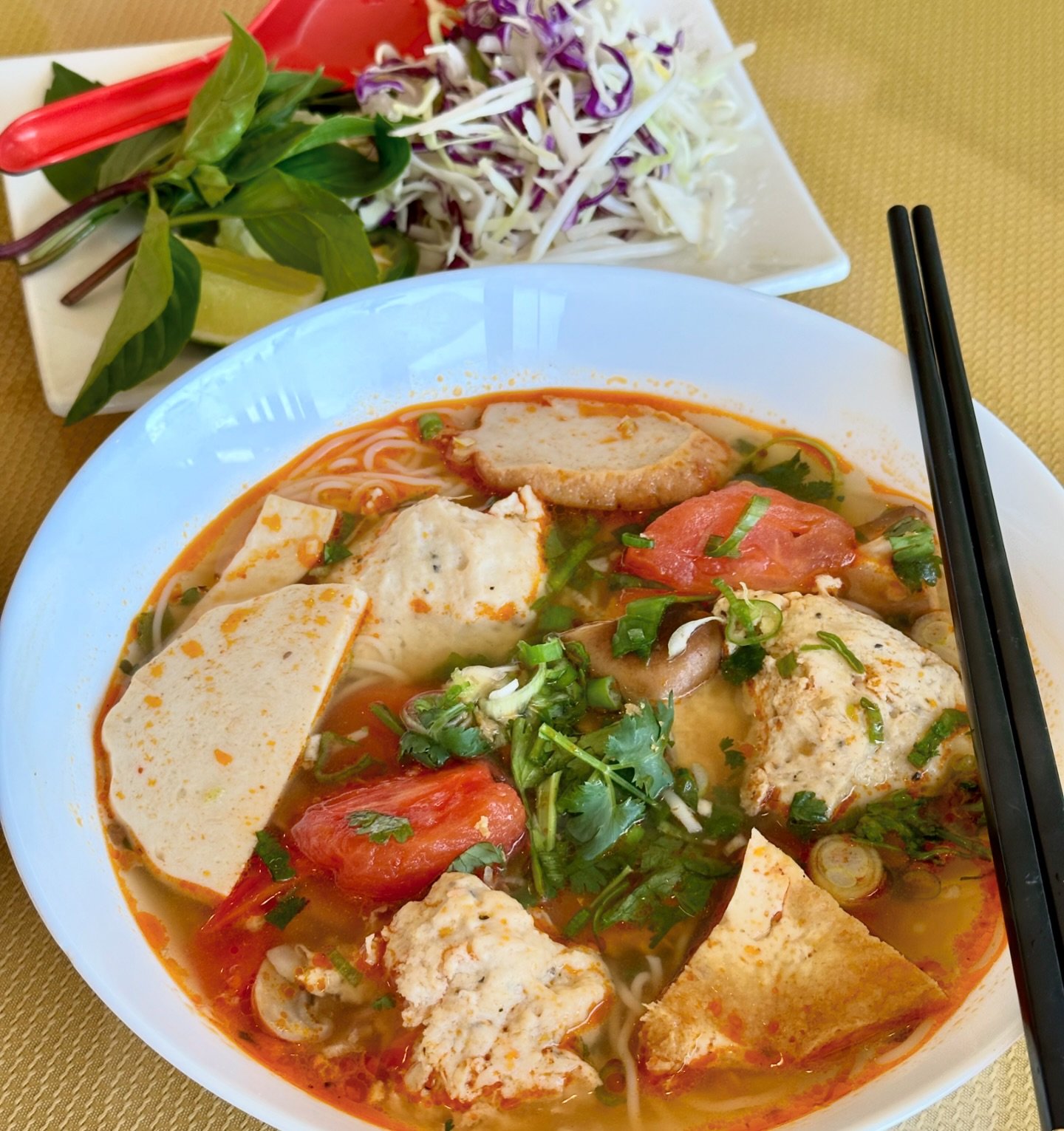 Here&rsquo;s another quick peek at a new menu item! B&uacute;n Ri&ecirc;u, Chay&rsquo;s Vegan Crab Noodle soup is loaded with vegan crab patty, tofu, vegan chả, fresh tomatoes, and mushrooms. Our new menu comes out next week but you can ask for the s