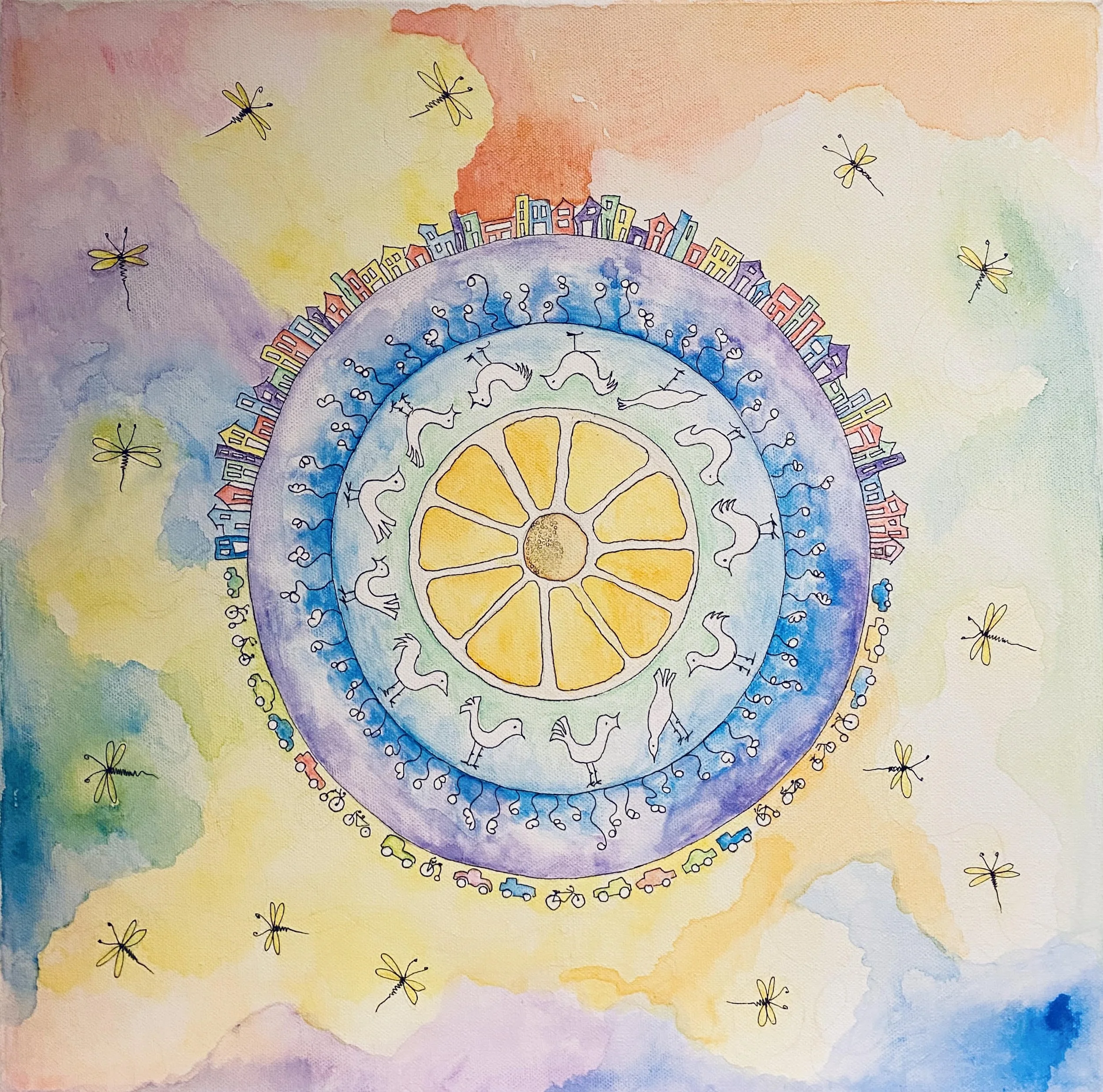 A colorful abstract painting featuring concentric circles with whimsical animals, buildings, and vehicles, surrounded by flying insects and a pastel watercolor background.
