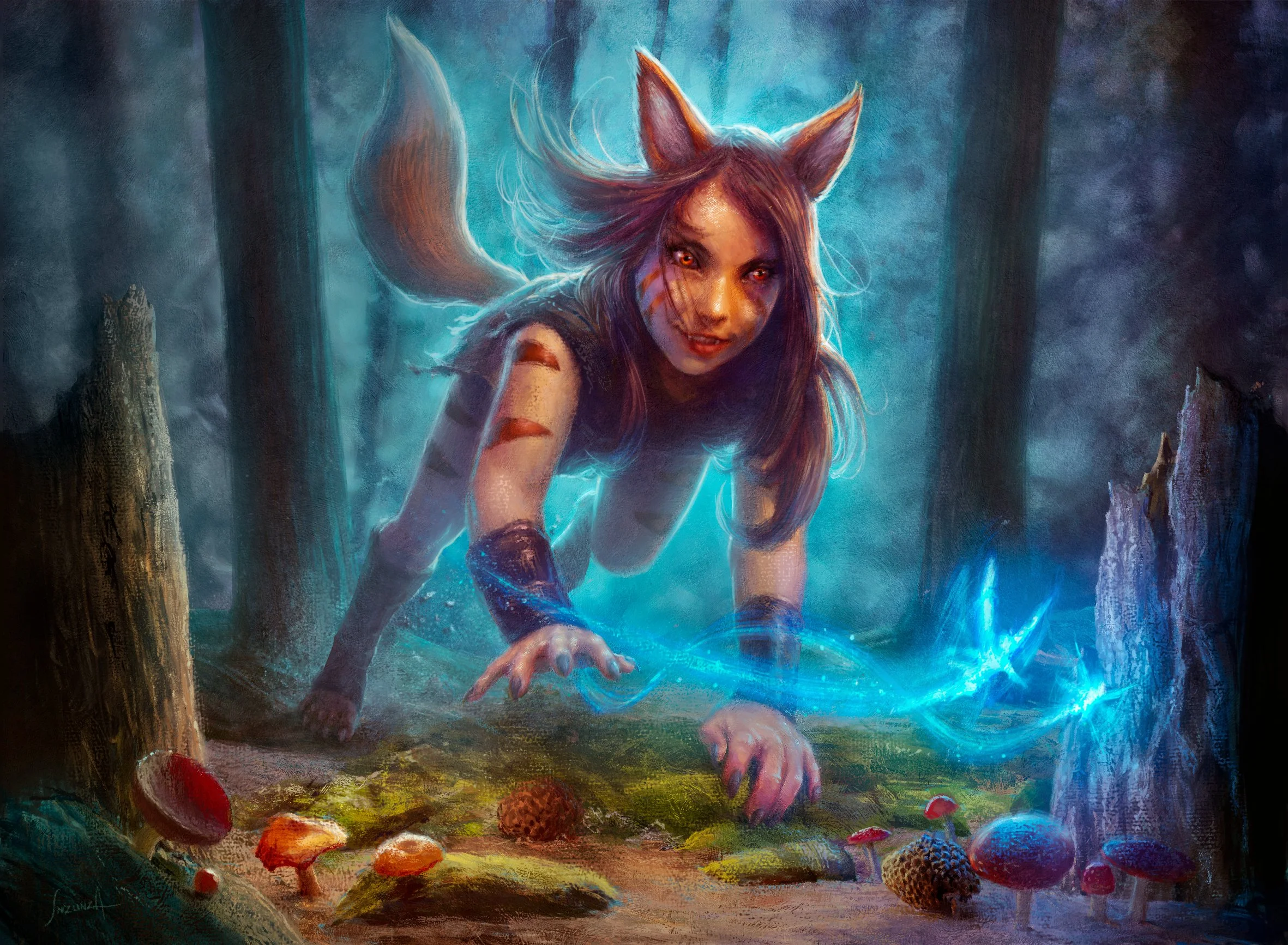 Runeborn Scout
A fox-spirit hunts the shimmer of a living rune deep within the glowing woods.
