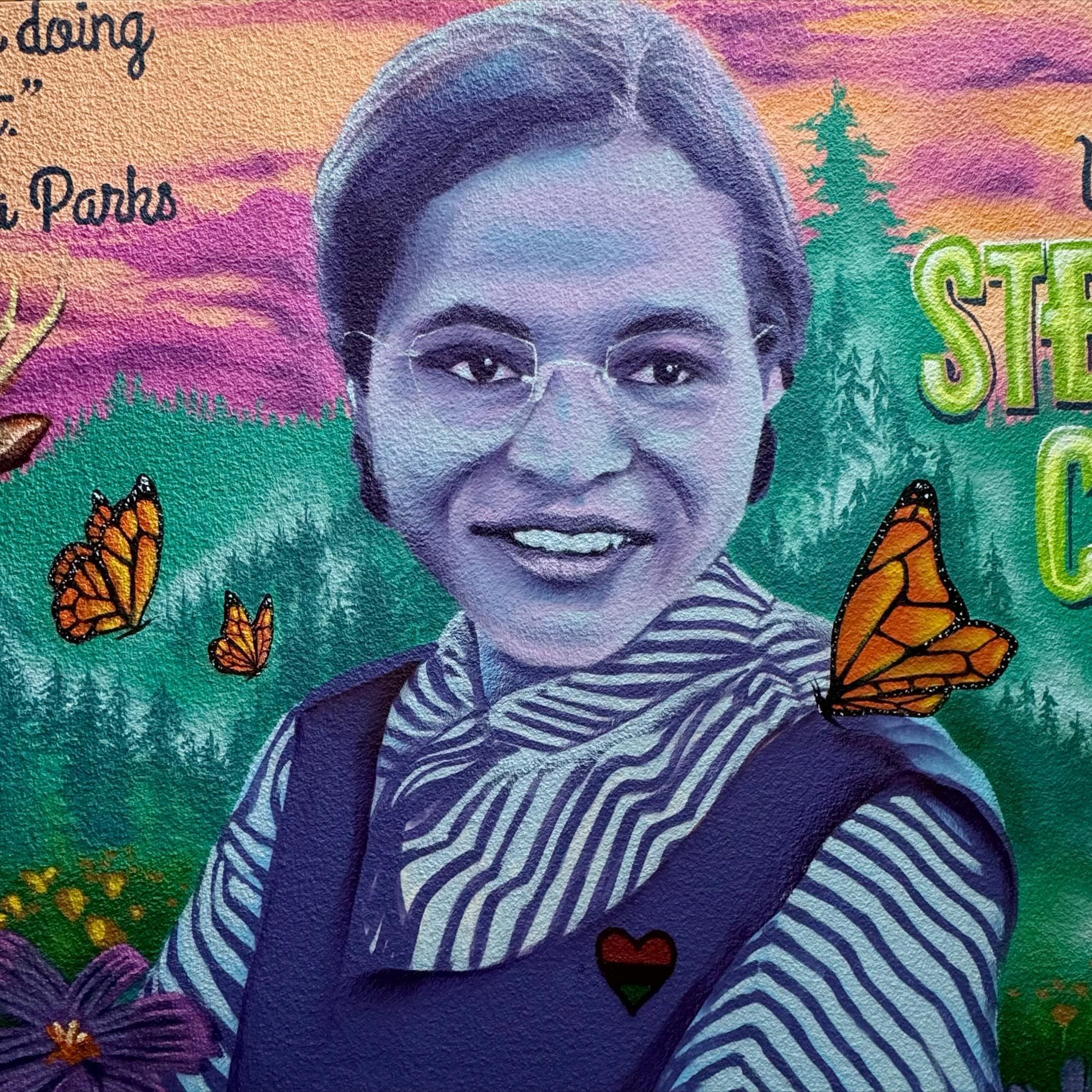 Portrait detail for the @madefreshcrew mural @stevenson.ssc @ucsc of Rosa Parks 

All aerosol, except the glasses 🤓

#muralista #aerosol #rosaparks #ucsc #madefreshcrew #tealops #teamteal #kritrmarks #teal #santacruzmountains #muralists #collaborati
