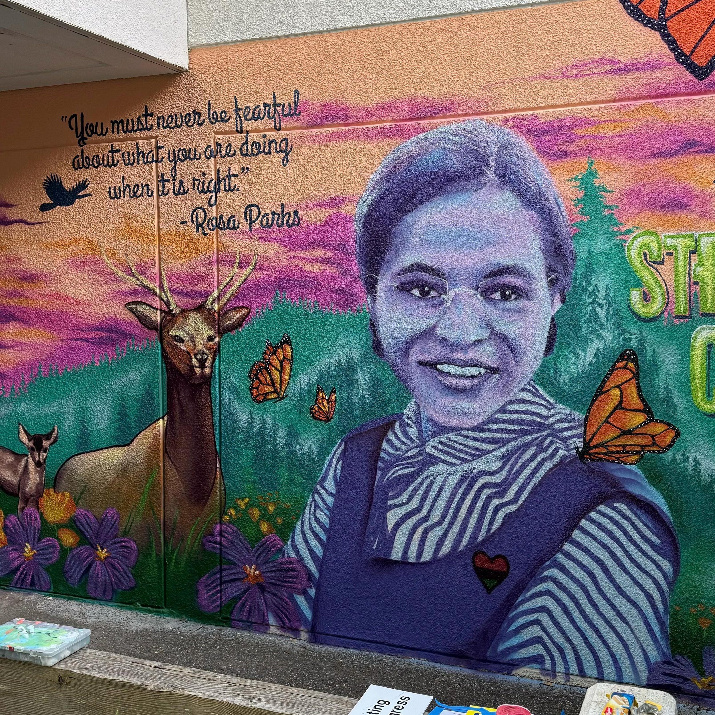 Rosa Parks and her critter crew @ucsc - center section of the @madefreshcrew mural organized by @stevenson.student.council - lettering/sky/trees by @most_funky_click