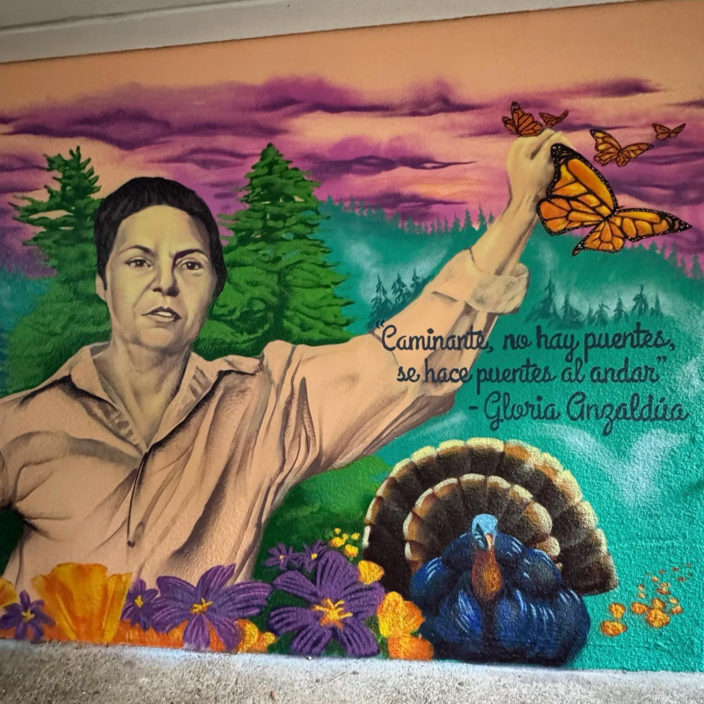Gloria Anzald&uacute;a and her critter crew @ucsc -part of the @madefreshcrew mural with @stevenson.student.council - sky/letters/treelines by @most_funky_click