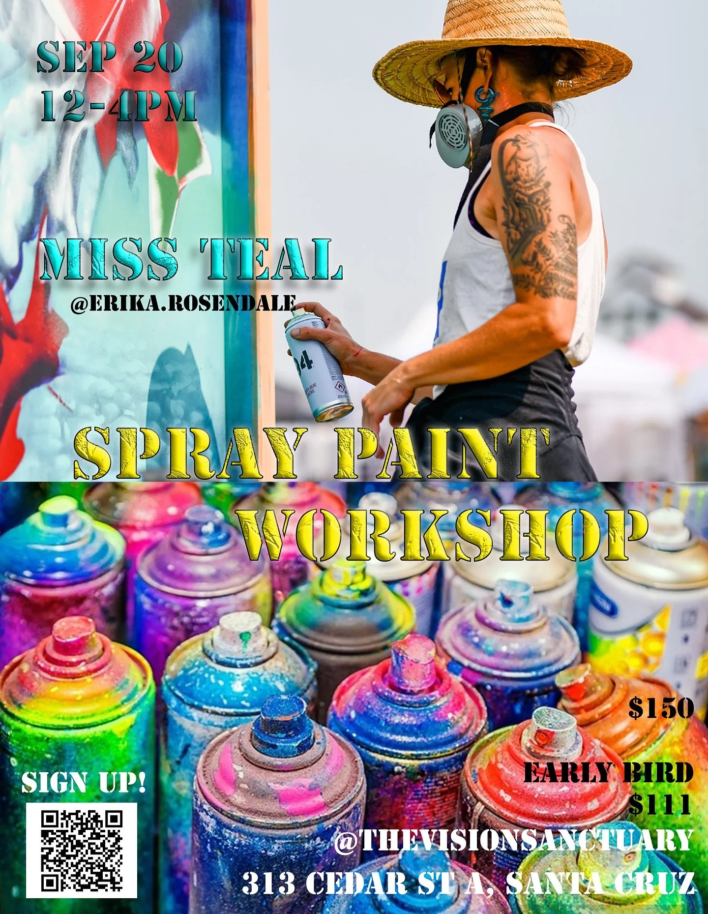 So you want to learn to spray paint? Now is your chance! You asked, thanks to @thevisionsanctuary we answered: my first aerosol workshop in Santa Cruz is only two weeks away! 

From 12-4 on Saturday September 20th we will do hands on spray techniques