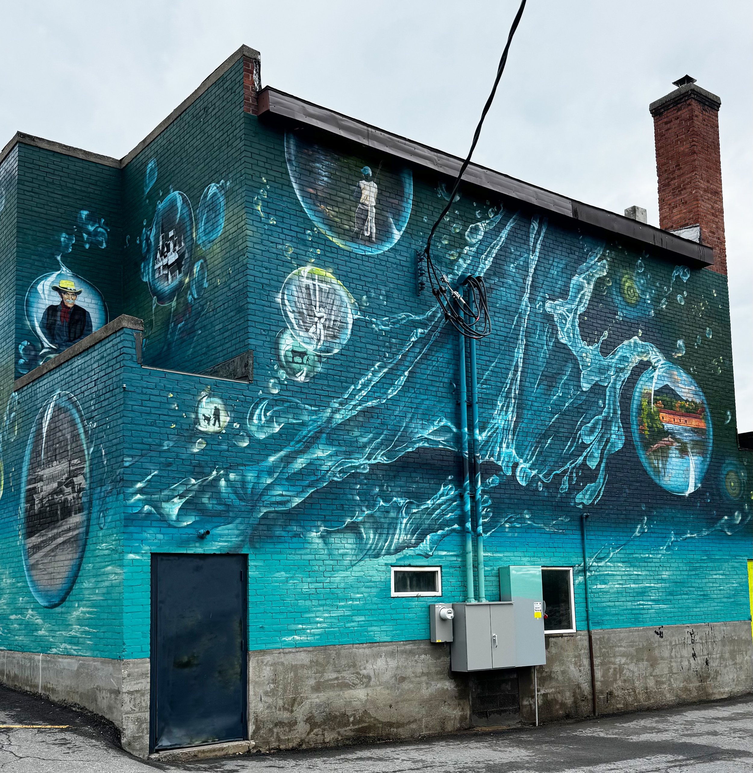 'Water Wonder' - Ausable Theater, Au Sable Forks, New York - North Country Rural Development, aerosol, Summer 2026 (detail)
