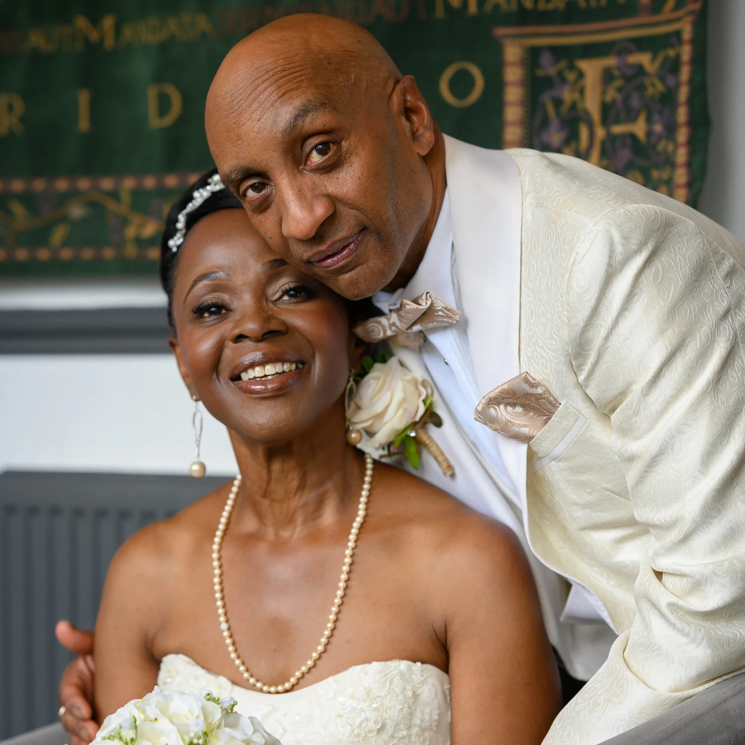 Colour portrait, newlywed African Caribbean couple at Cave Castle Hotel, Brough.