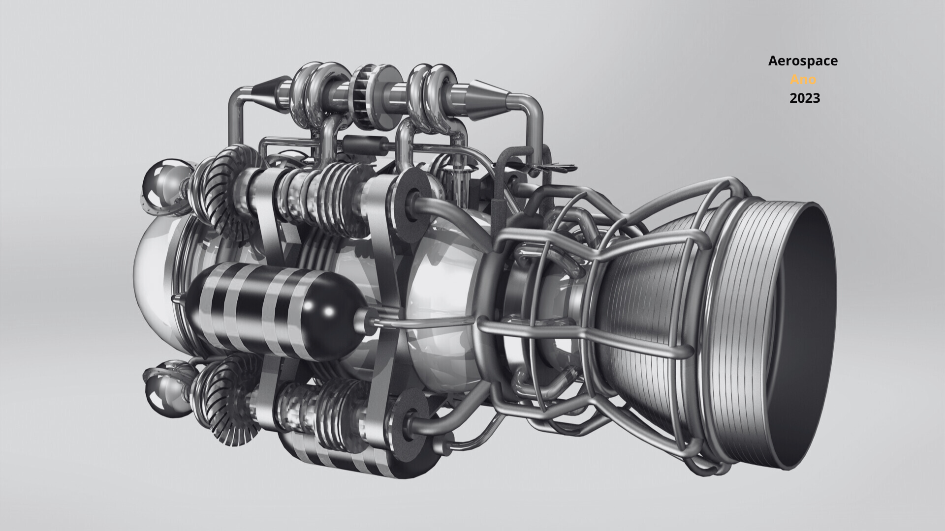 Imagem de um motor de foguete em estilo técnico, de cor cinza e preto, exibido lateralmente, com detalhes de componentes metálicos expostos e uma estrutura complexa de peças interligadas, usado na indústria aeroespacial. No canto superior direito, há