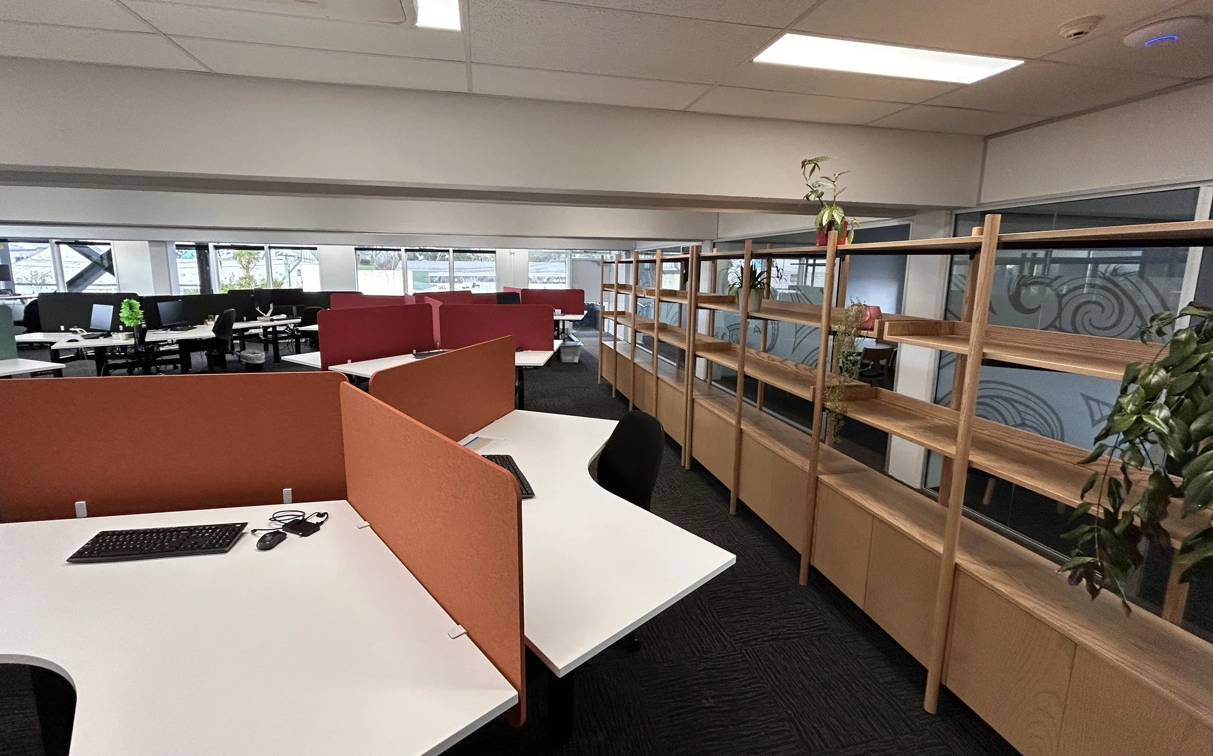 Office area with desks, shelving units and plants
