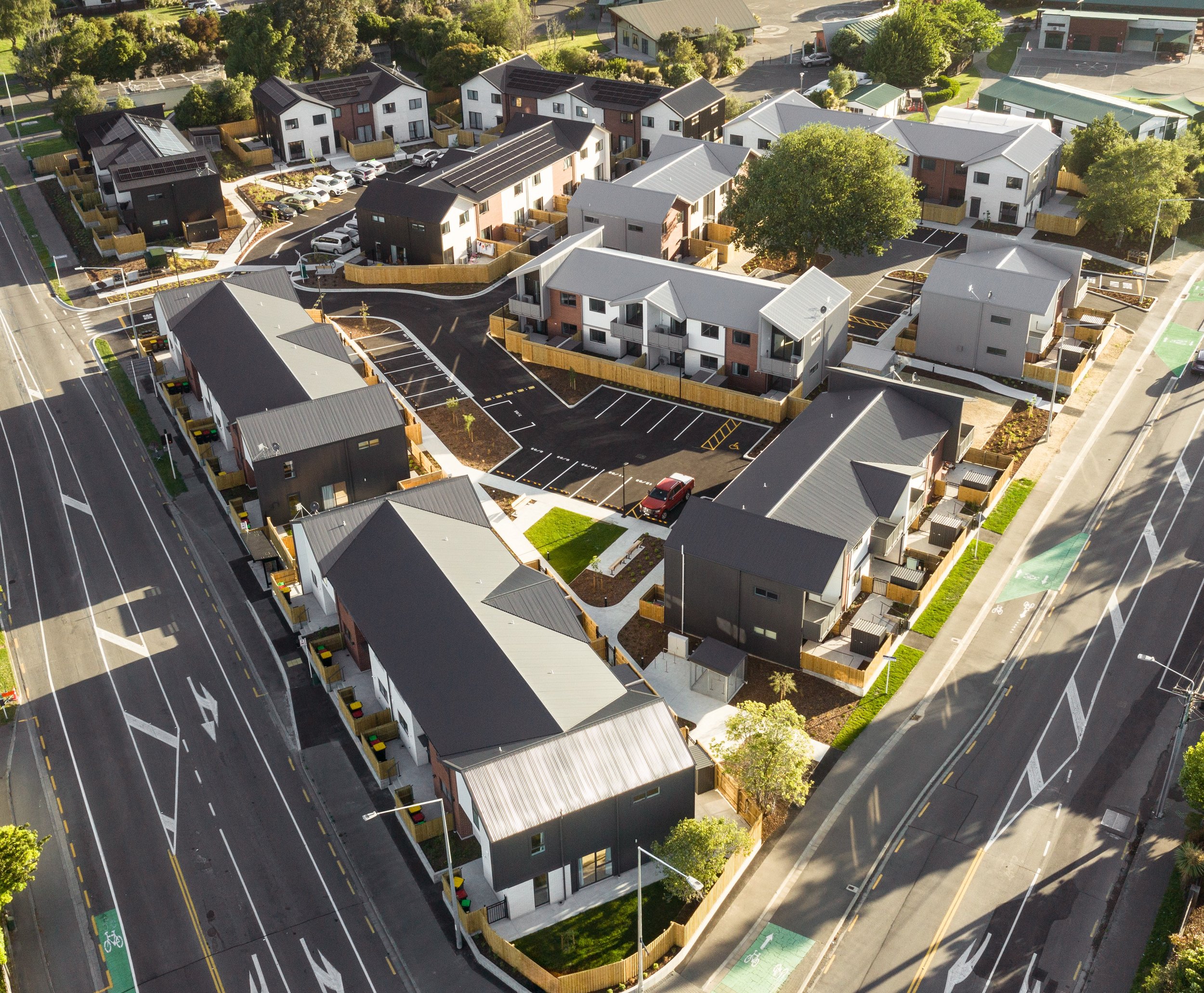 aerial view of Three Lanes housing development and roads