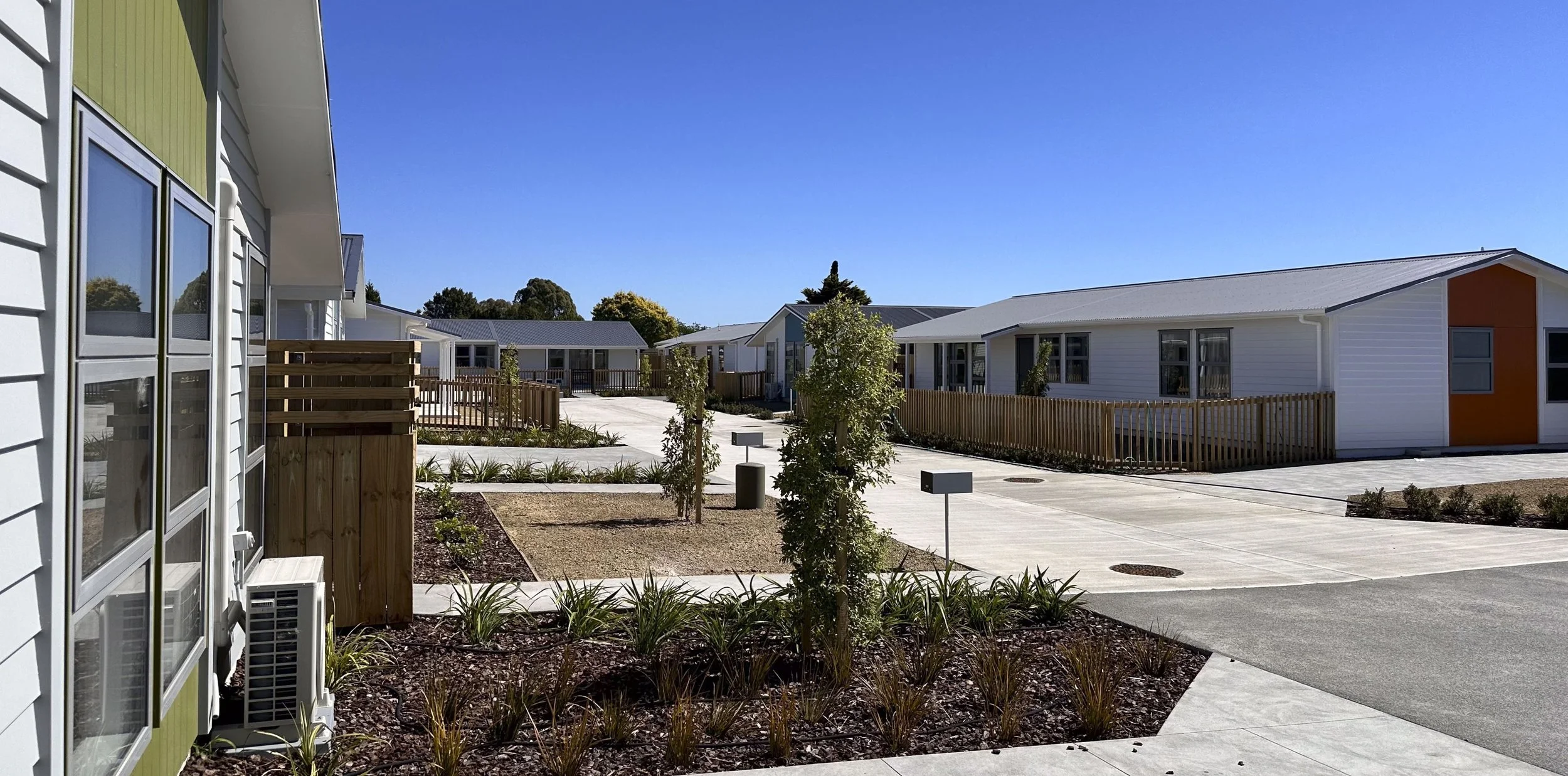 Exterior view of homes with large accessways, planting and sunlight.