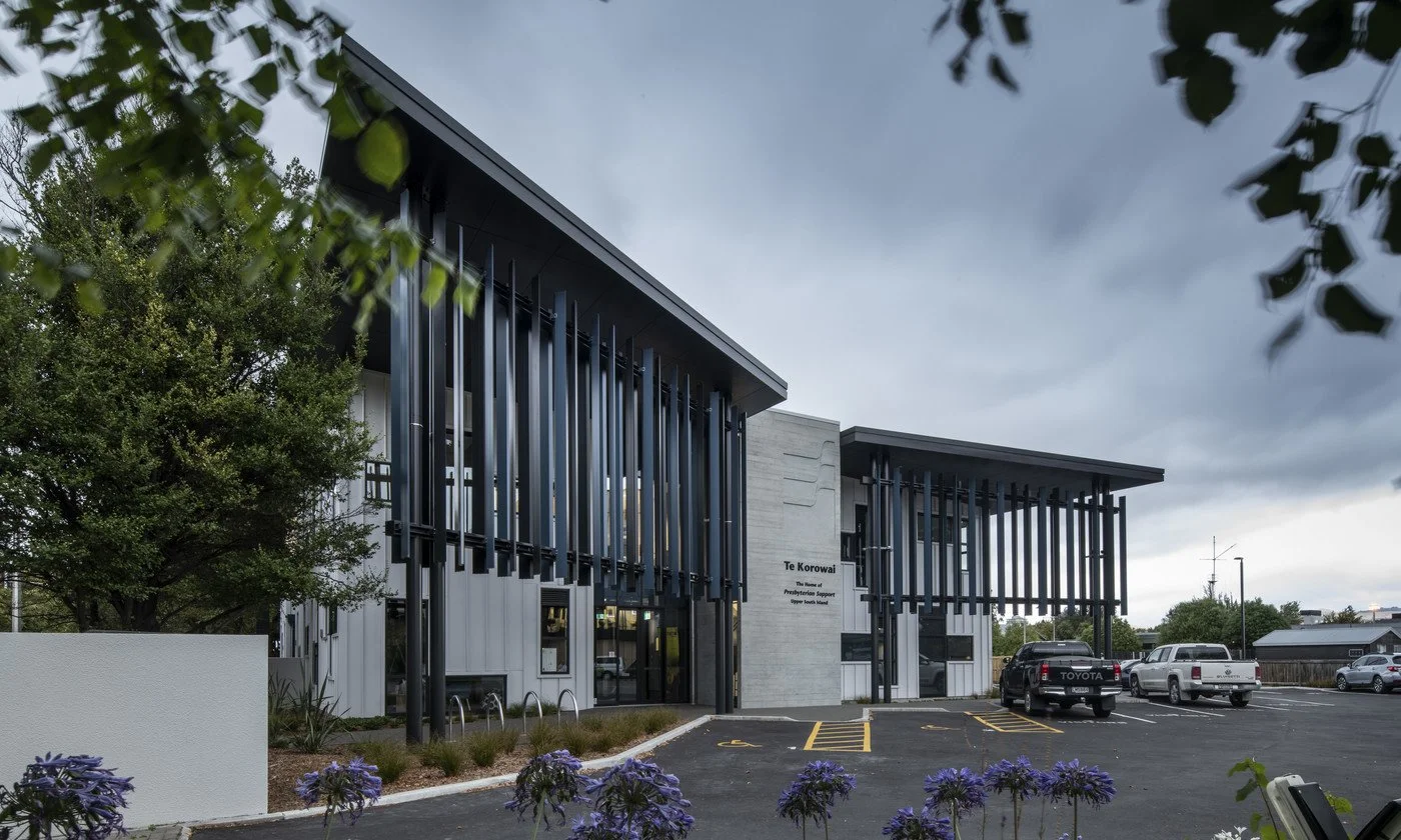 Exterior view of Te Korowai building including carpark areas