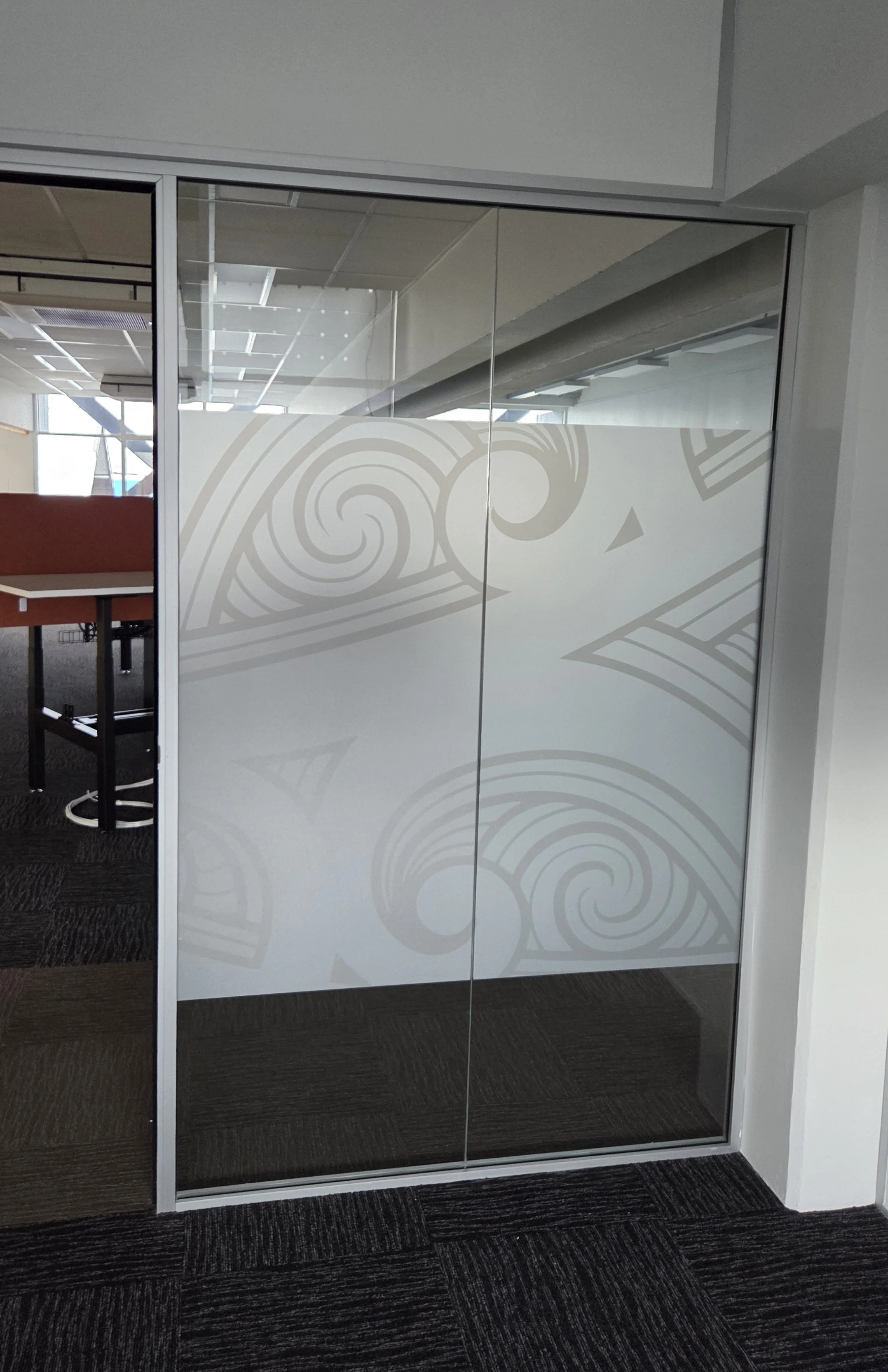 Ferry Road, internal window decal pattern treatment