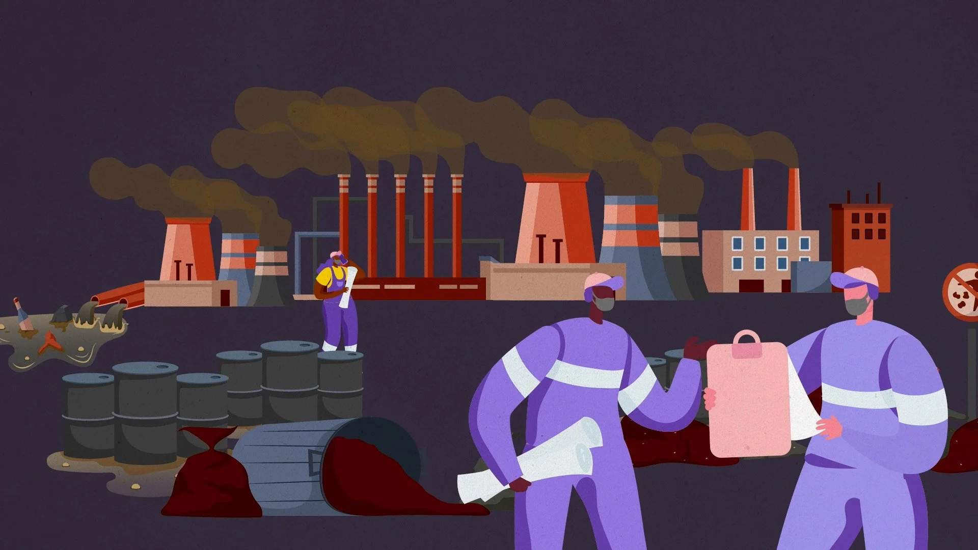 Illustration of workers in protective gear at a polluted industrial site with factories emitting smoke, barrels, and waste. Explainer video for Fair Finance.